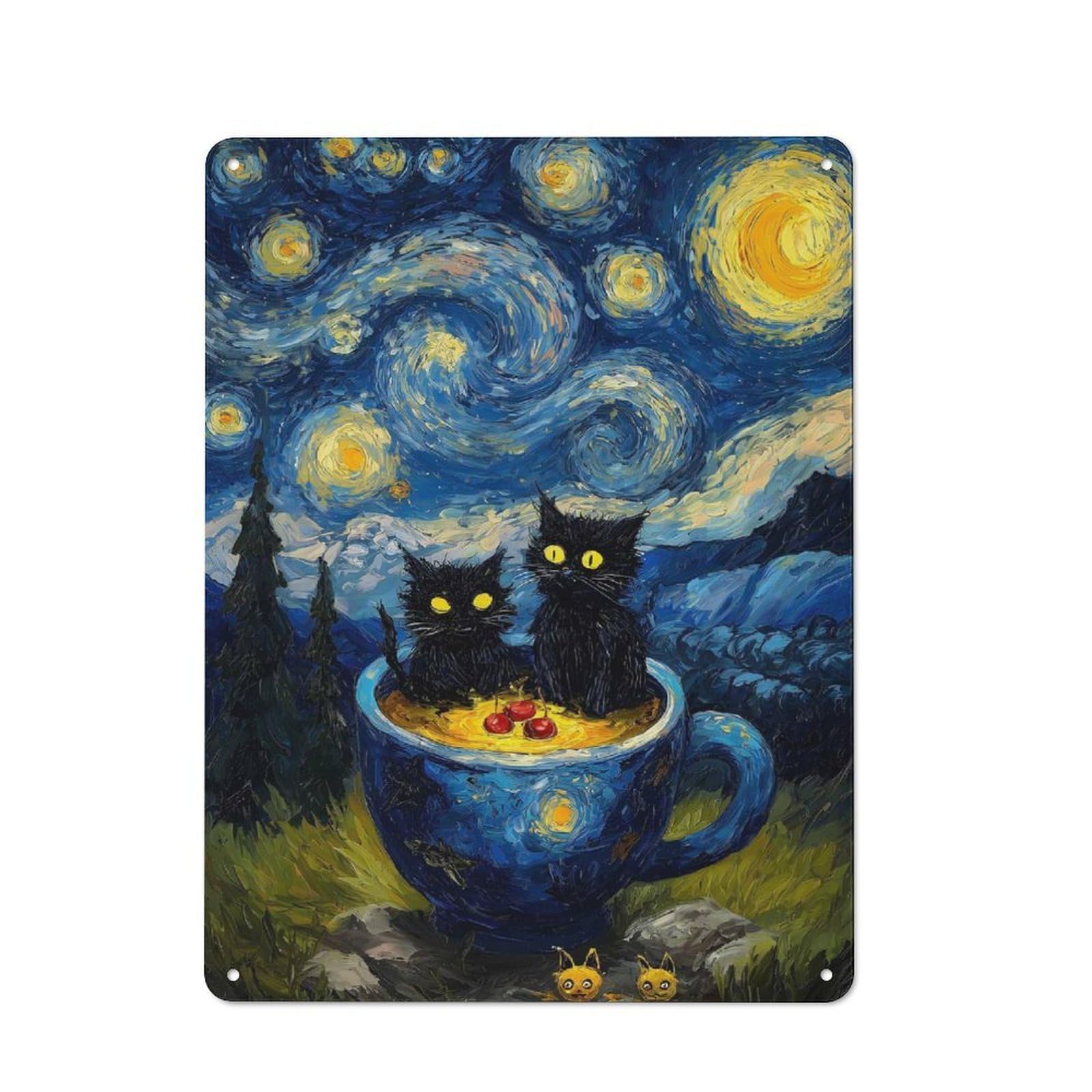 Junmoney Cats In A Cup Starry Night Metal Wall Sign 40X30cm Featuring For Living Room Wall, For Decorating Living Rooms And Feature Walls