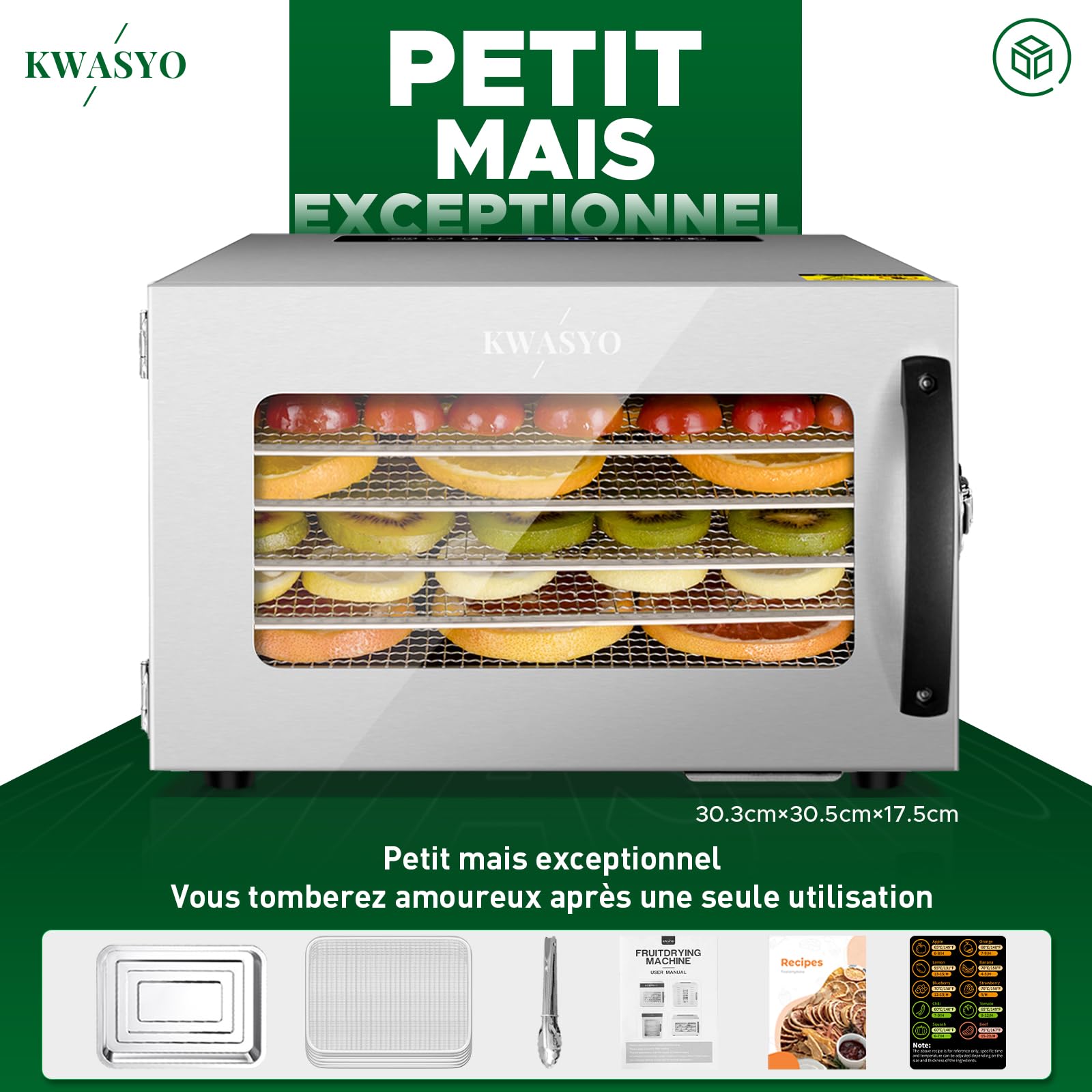 Kwasyo Deshydrateur Aliment, Déshydrateur Inox 6 Étages, avec Minuteur (24H), Température réglable 30℃-90℃, Déshydrateur Électrique pour Boeuf, Fruits, Légumes, Sans BPA, 400W