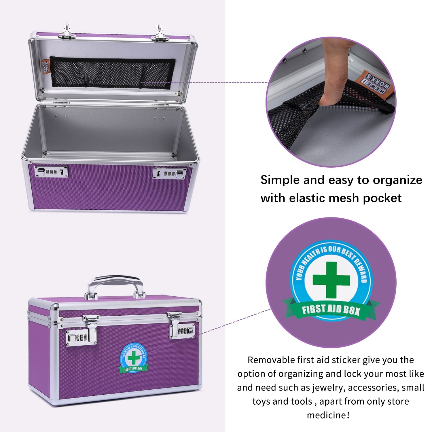 Scatola Medica Sicura per Bambini, 36,1 x 18,3 x 20,8 cm, Con Serratura a Combinazione, Armadietto per Medicinali (Viola/Grande)