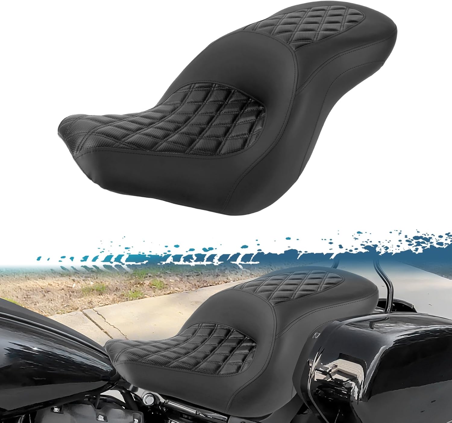 One-Piece Driver Passenger Seat Motorcycle 2-Up Seat Compatible with Harley Softail Sport Glide FLSB Low Rider FXLR FXLRS FXLRST 2018-Later (Black Diamond Stitching)