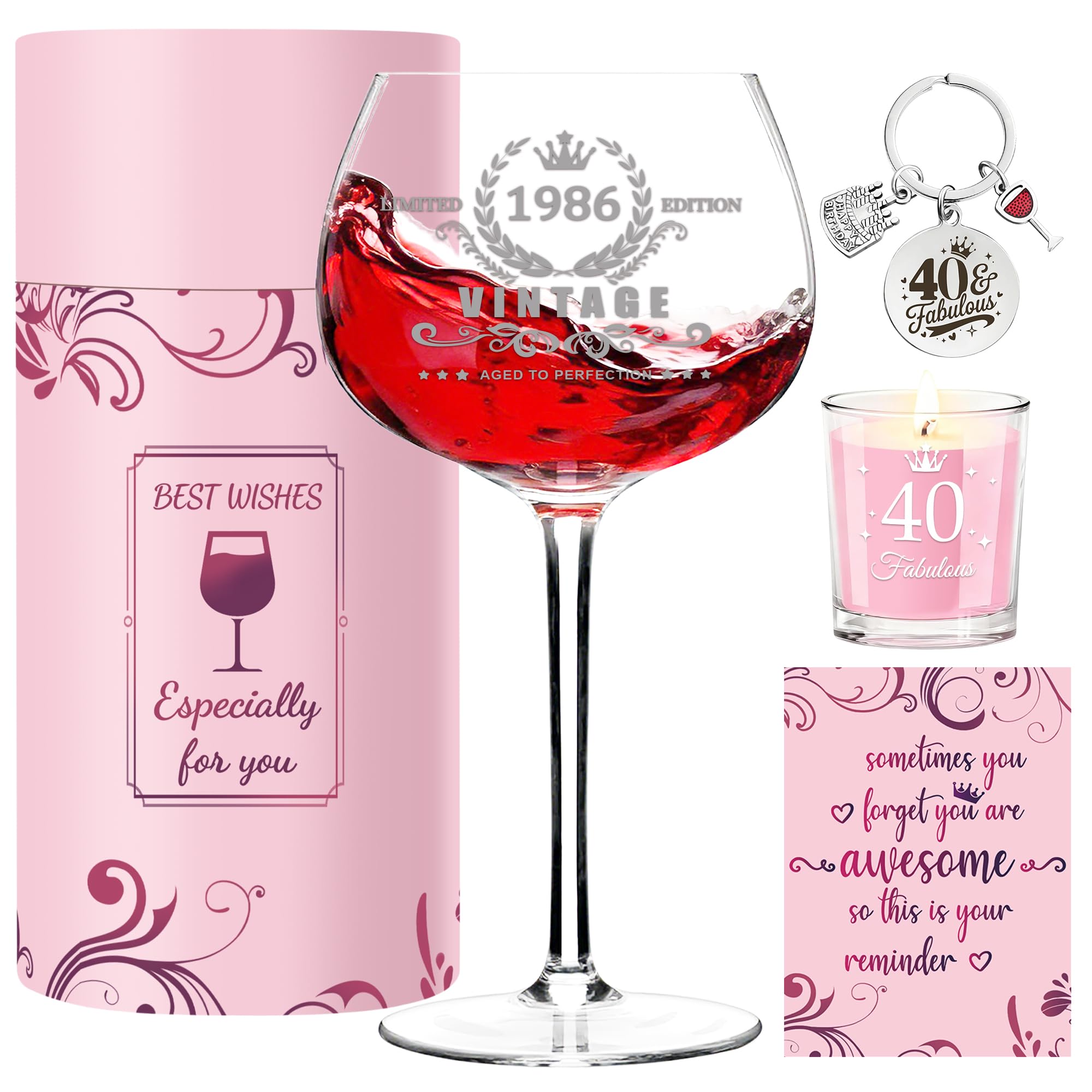 GLEEHAPY Personalised 1986 Vintage 40th Birthday Gift Set for Women – Premium Wine Glass, Scented Candle, Keychain & Greeting Card – Birthday Gift for Friend, Wife, Mum, Sister