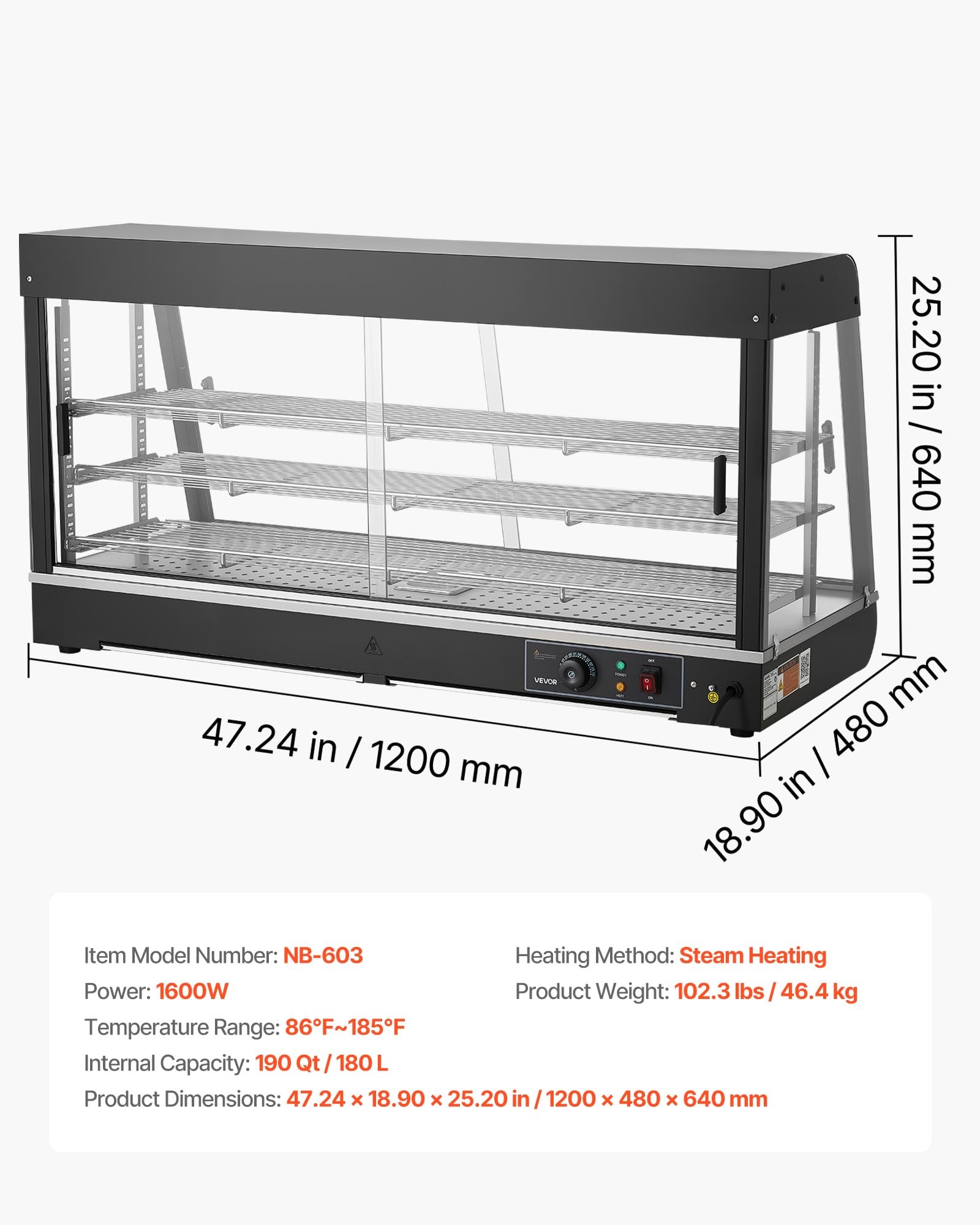 VEVOR Vetrina Calda per Alimenti Cibo a 3 Livelli, Espositore Scaldavivande da 1600 W con Luce LED, Vano Portaoggetti Superiore e Ripiani Regolabili, per Hamburger, Pizza, Pane, Pollo Fritto