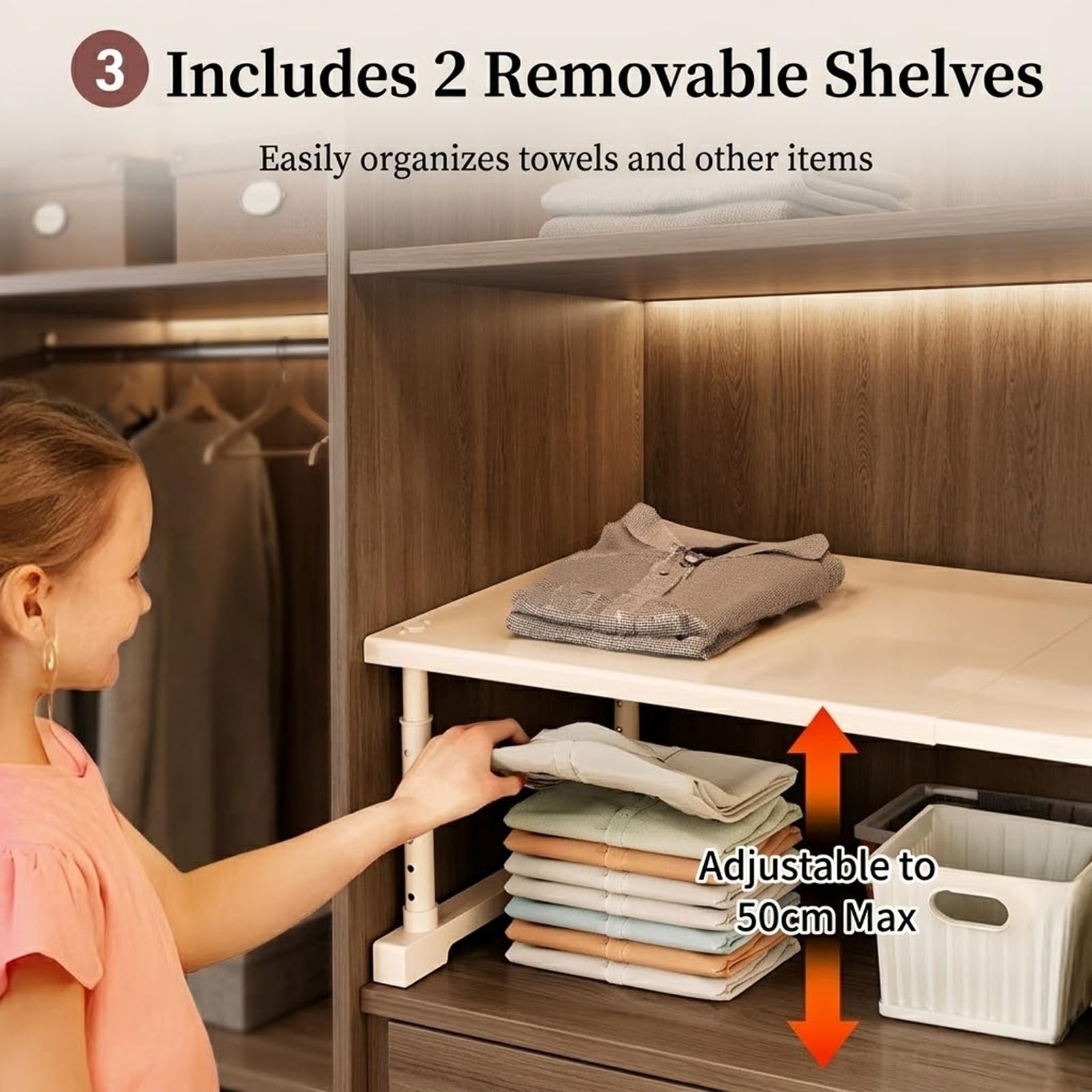 Mensola da cucina estensibile, scaffale da armadio regolabile in altezza, organizer da bancone impilabile, in acciaio al carbonio, mensola da pranzo beige, 50-85 x 42 x 35-50 cm