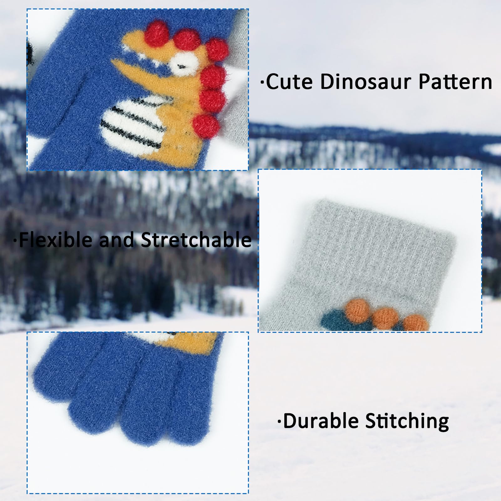 QKURT 3 Pares de Guantes para niños de 3-8 años, Lindos Guantes de Dinosaurio de Dibujos Animados Guantes mágicos cálidos de Invierno Guantes para niños con Dedos Completos para niños y niñas