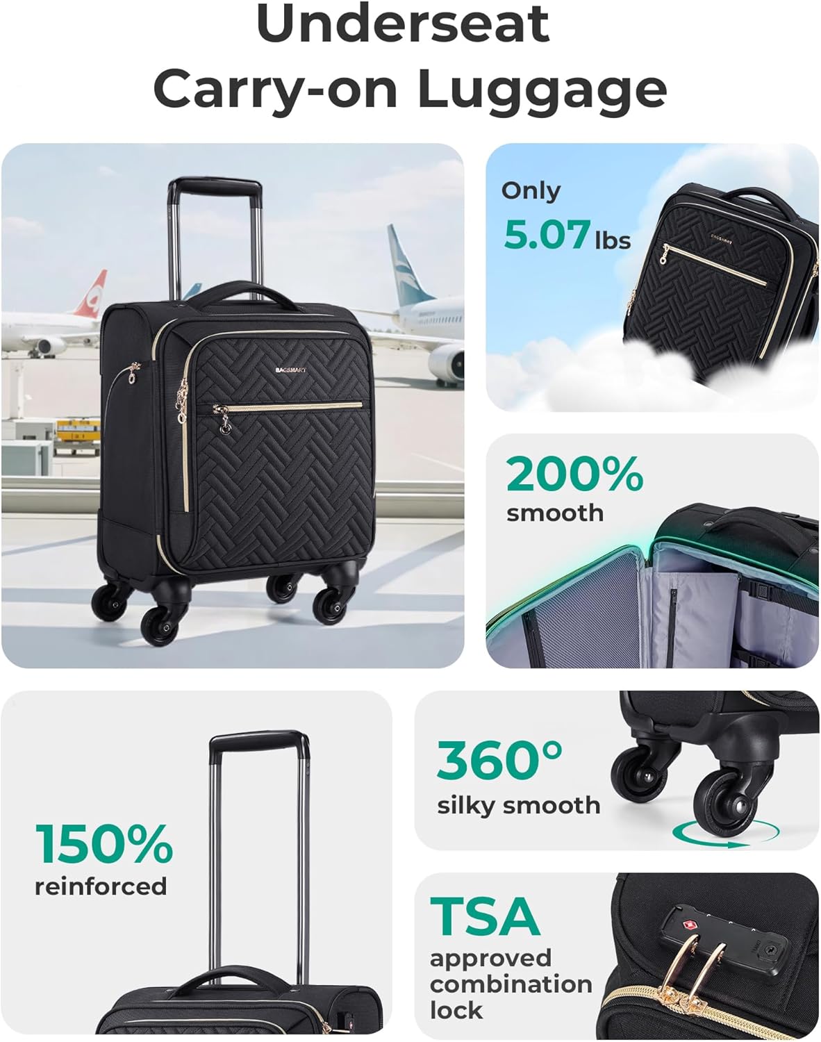 BAGSMART underseat carry on rolling through airport showing spinner wheels