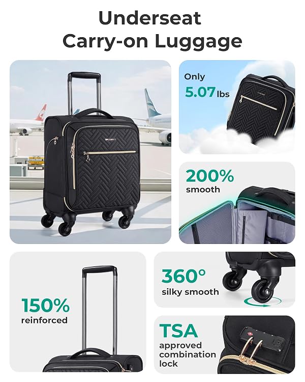 BAGSMART Underseat Carry On luggage Airline approved, 16-inch Softside Underseater Travel Suitcase with Spinner Wheels Lightweight Overnight Bag Small Rolling Carry-on for Women Men Weekender,Black by BAGSMART - Used condition - Image 2