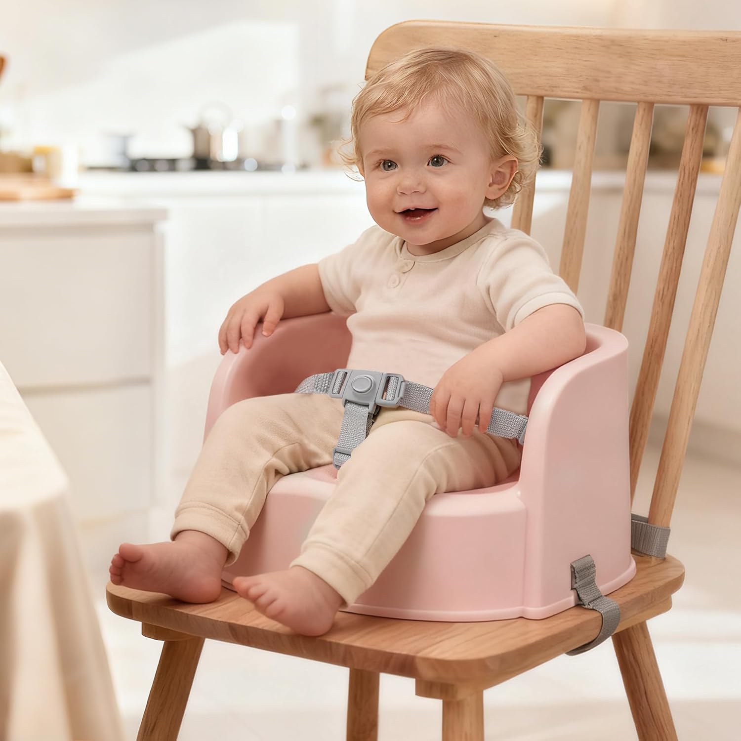 Booster Seat for Dining with 1 Bib, Lightweight for On-the-Go, Easy-Clean, 3-Point Harness Strap PP Plastic, Green