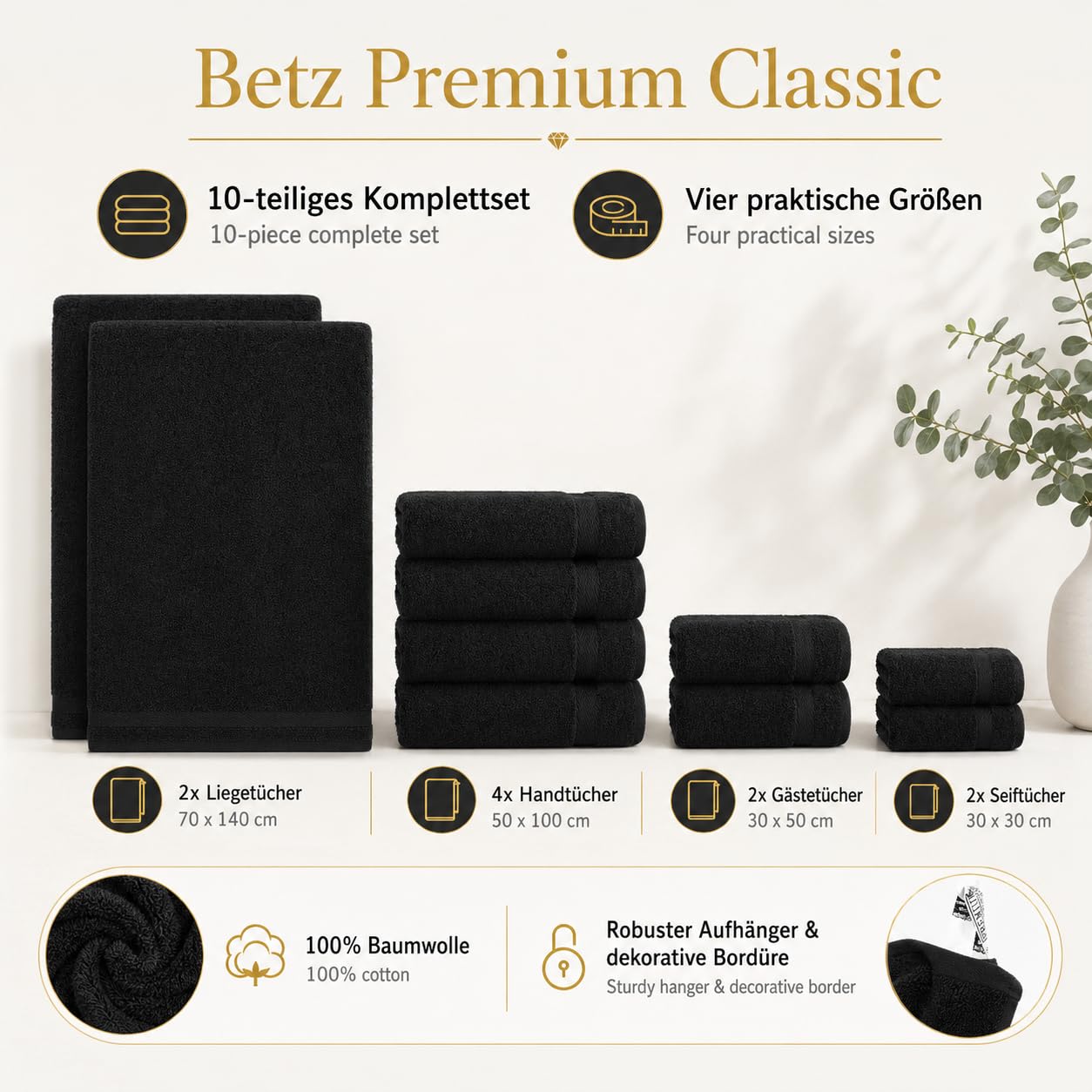 Betz Juego de 10 Toallas Classic 100% algodón 2 Toallas de baño 4 Toallas de Lavabo 2 Toallas de tocador 2 Toallas faciales Negro