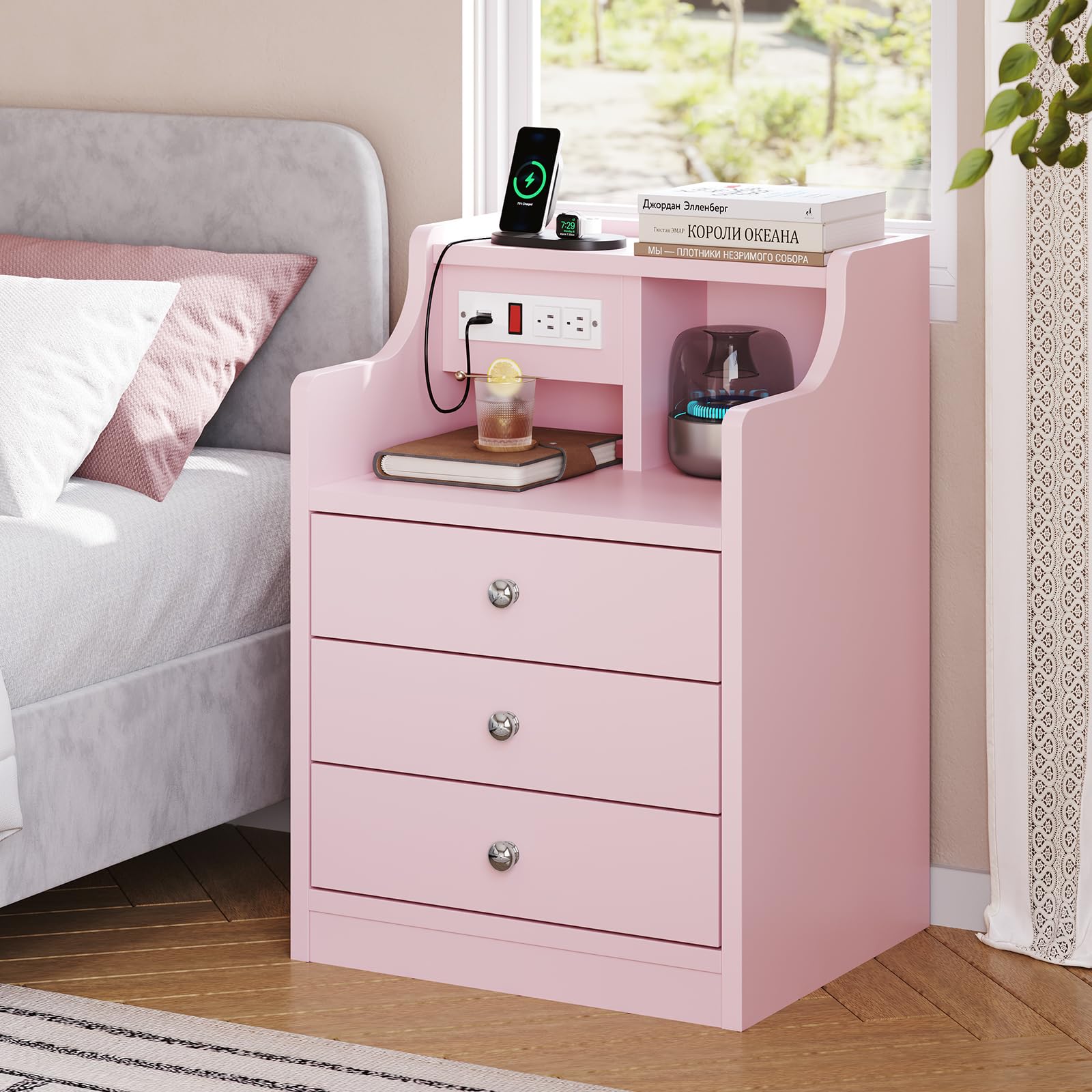 ADORNEVE Nightstand with Charging Station,Pink Night Stand with Hutch,Bedside Table with Drawers,Bed Side Table with Storage