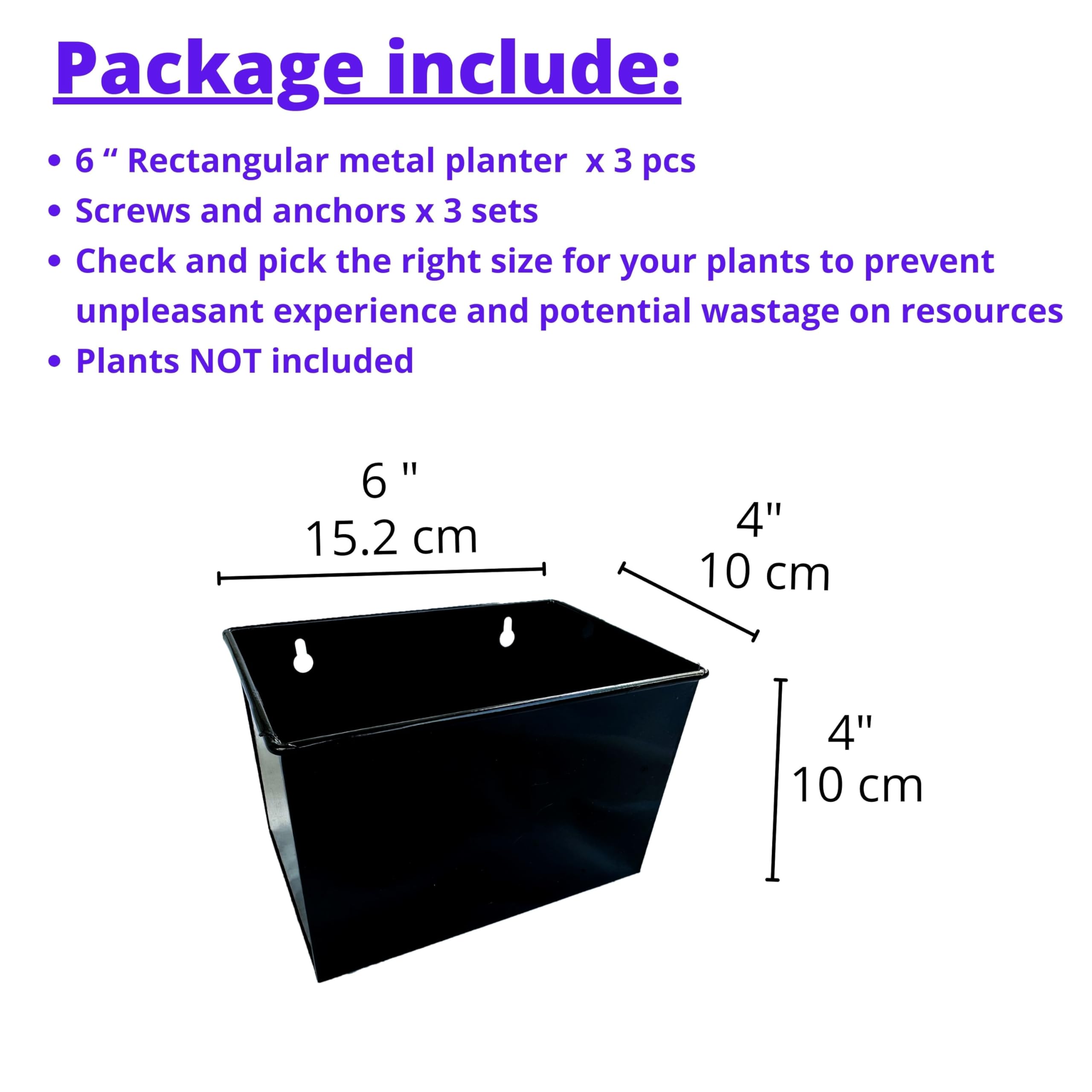 LáLáGreen - Macetero de Pared – Paquete de 3 macetas de Montaje en Pared de 6 Pulgadas para suculentas, Color Negro, Maceta Rectangular de Metal Colgante, Cajas de Ventana largas, Soportes para
