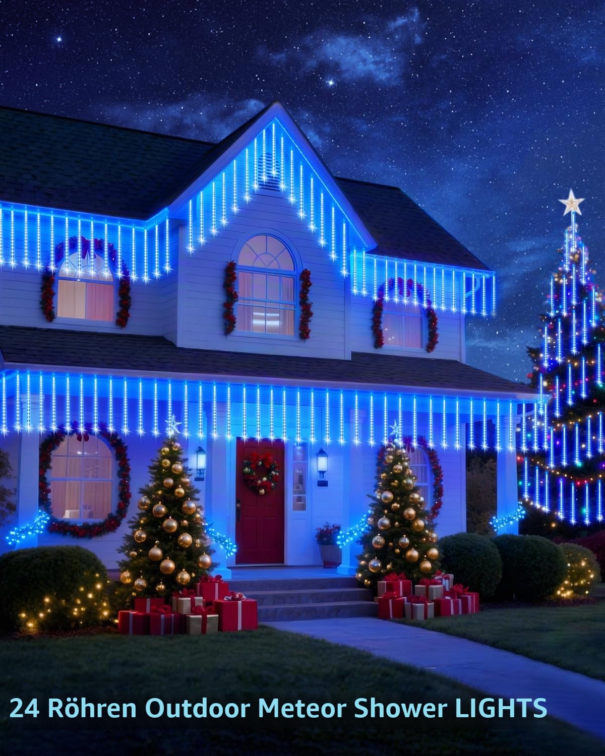 PEMOTech Weihnachtsbeleuchtung Außen,24 Röhren 30 CM 576 LEDs eiszapfen lichterkette außen，Wasserdichte Fallende Regen Lichter für Weihnachten Halloween Weihnachtsbaum, Weihnachtsdeko Aussen, Blau
