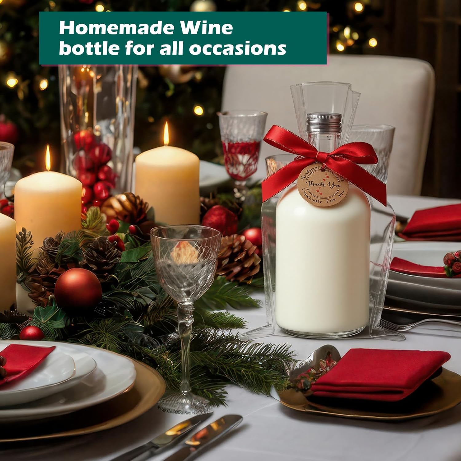 Tioncy 16oz Christmas Plastic Wine Bottles with Clear Wine Bags Artificial Pine Cone Branches Ribbons Labels 500ml Christmas Coquito Bottles for Homemade Brewing Xmas Baby Shower Party Favors(24 Pack)