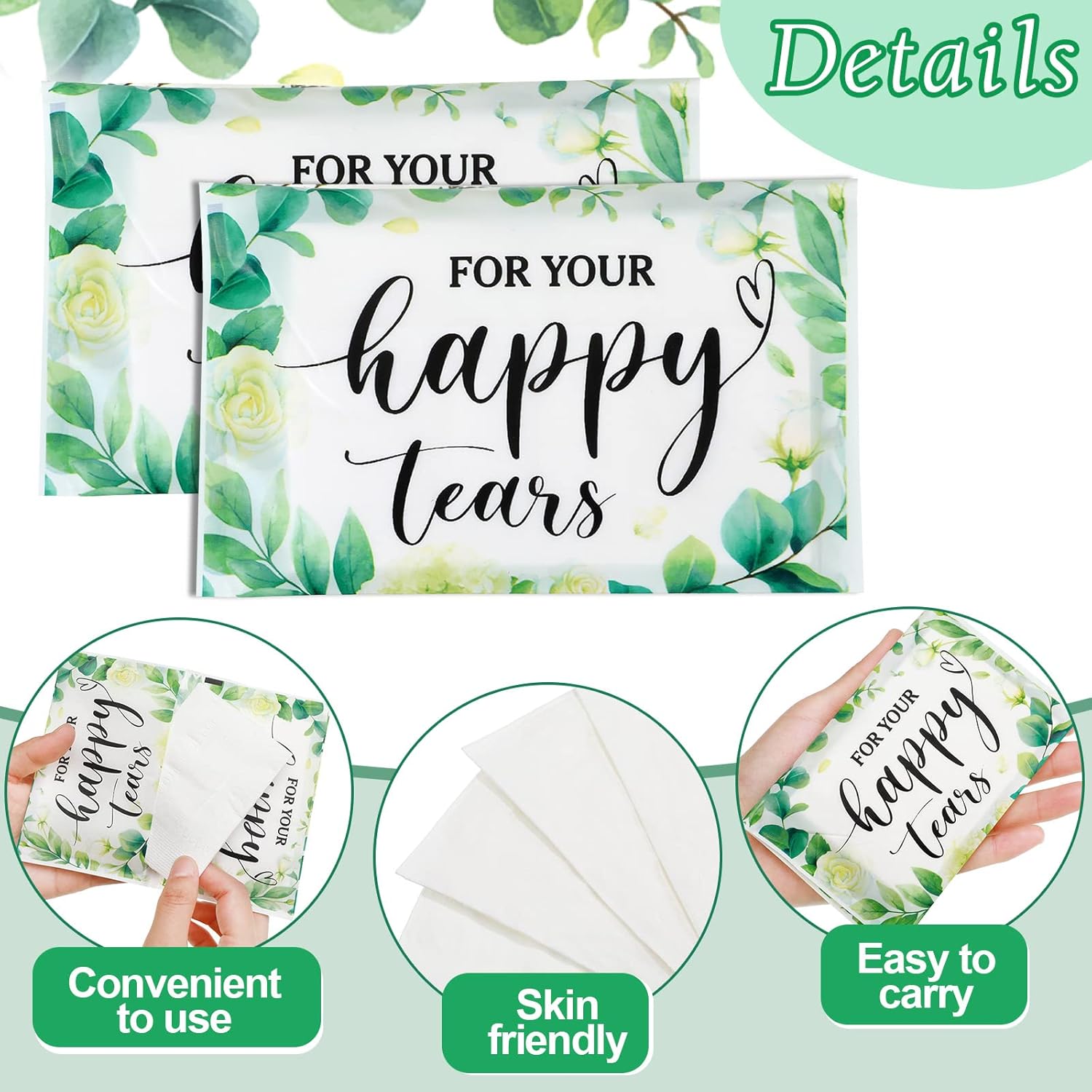 Lincia 100 Pack Happy Tears Tissue Packs for Wedding 3 Ply Wedding Tissues for Guests Travel Size Bulk Facial Paper Welcome Bag Stuffers Gift for Bride and Groom Mother(Classic Style)