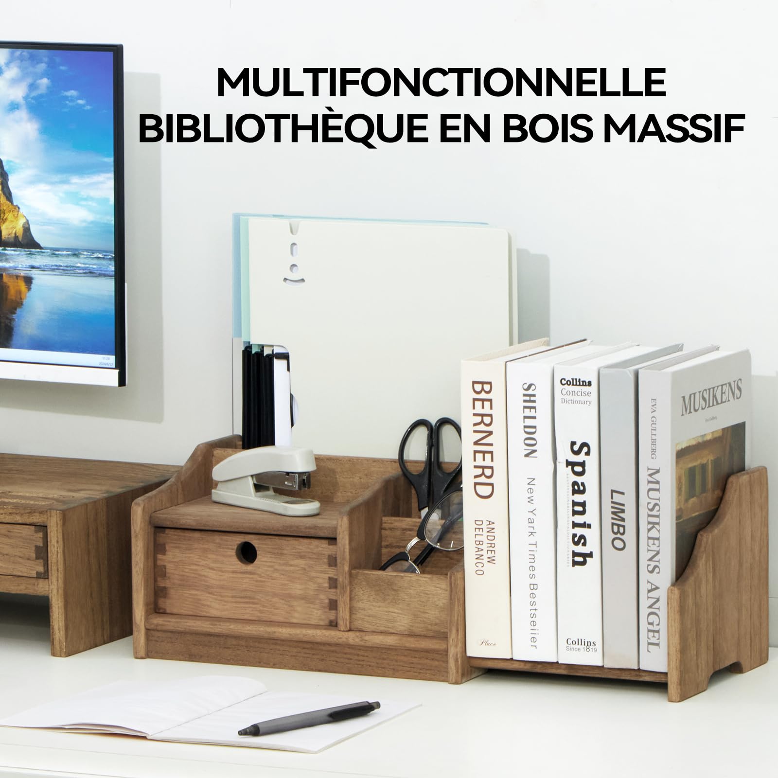 KIRIGEN Organisateur de Bureau en Bois, étagère de Bureau à tiroir, Brun
