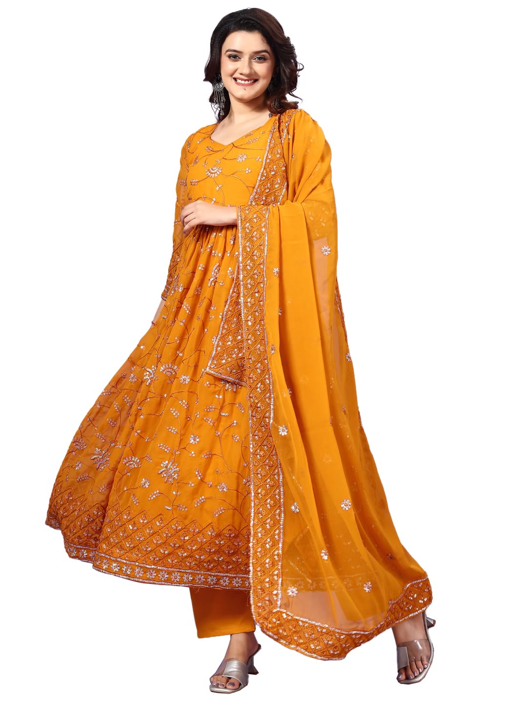 Fashion Basket Georgette Embroidered Anarkali Kurta Set For Women (In, Alpha, 2Xl, Regular, Yellow)