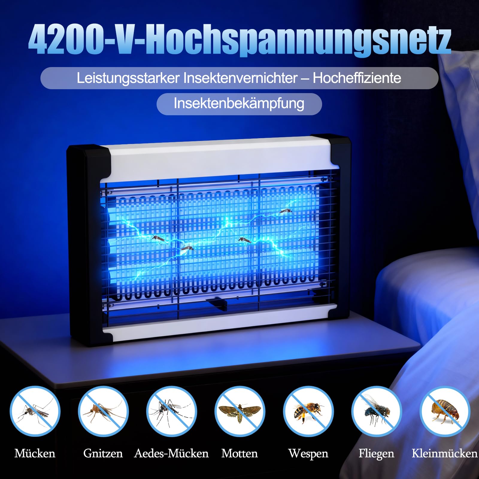 Insektenvernichter Elektrisch,4200V Mückenlampe wandmontage,mit 3 UVA LED,Elektrische Fliegenfalle, Mückenvernichter, Anti Mücken Lampe, Fliegenfänger Insektenfalle Innen