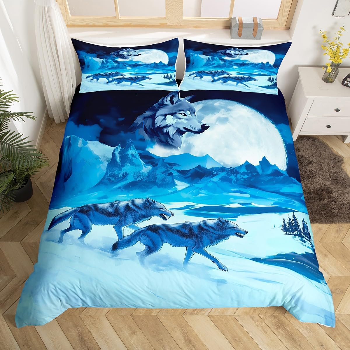 Feelyou Wolf Duvet Cover King Size Kids Wolves Howling Comforter Cover Set for Boys Girls Teens Mountain Moon Wolf Bedding Set Breathable Animal Wolves Bedspread Cover Quilt Cover