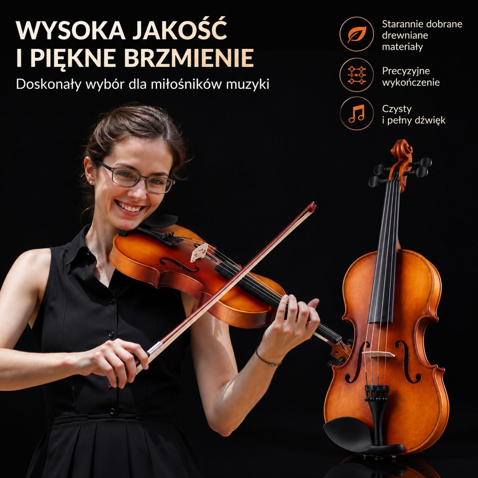 Skrzypce 4/4 w matowym brązie z twardym futerałem, smyczkiem, kalafonią, podpórką na ramię, mostkiem, tunerem i dodatkowymi strunami dla początkujących