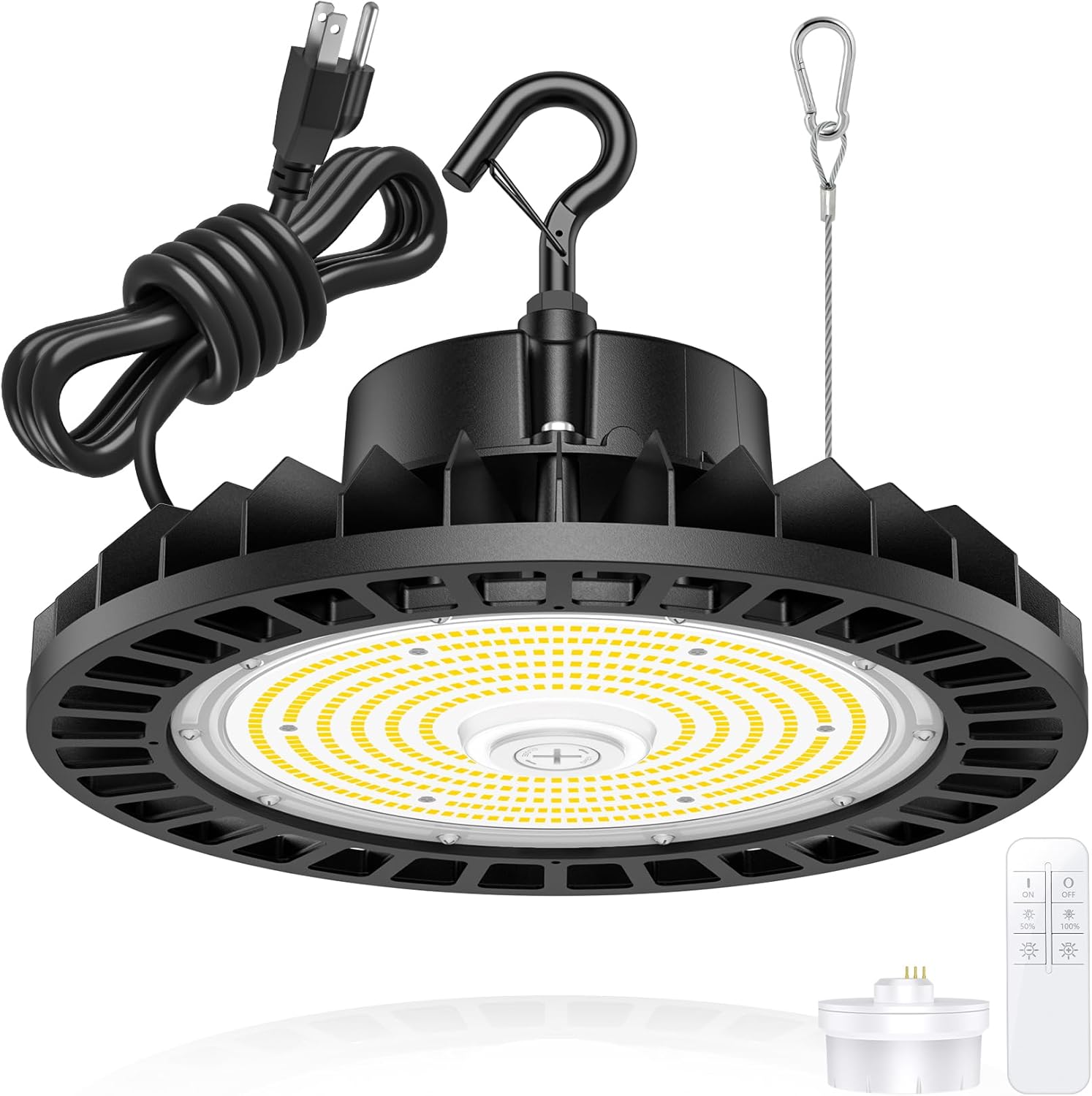 LED High Bay Light 150W 22500LM 5000K Dimmable with Remote Control ETL DLC Listed High Bay LED Shop Lights IP65 Waterproof for Warehouse Workshop Factory Gym Garage Barn AC100-277V