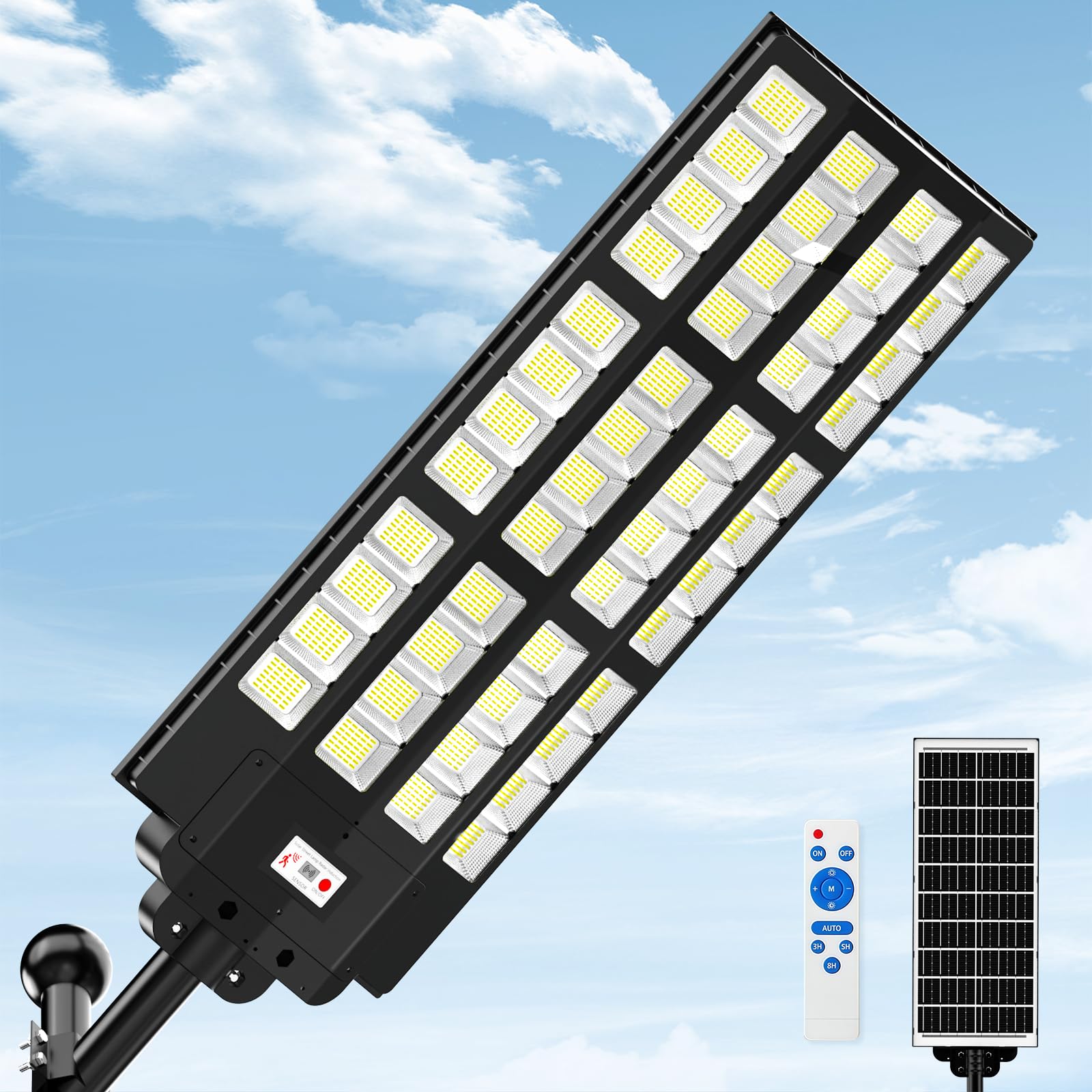 Große Solar Straßenlaterne für Außen, IP67 Wasserdichte Solarlampen mit Bewegungsmelder, 7000K Große Solarleuchten für Außen mit Fernbedienung, Solar Wegeleuchte für Garten Parkplatz Straßen