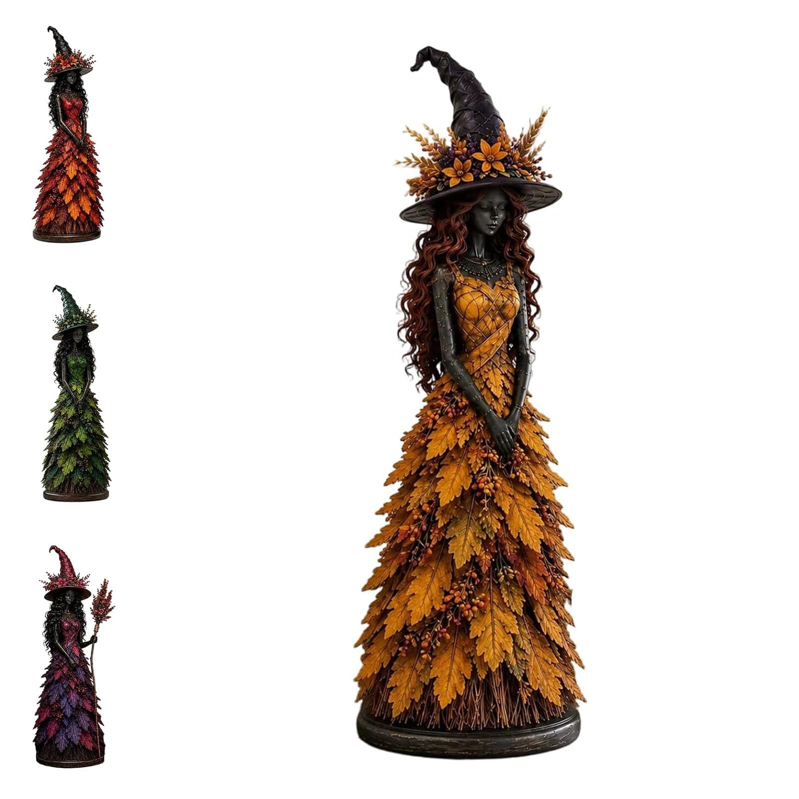 Fokayo Enchanted Autumn Witch Figurine, Fall Witch Decor Halloween Tabletop Statue with Leaf Gown, Rustic Harvest Table Decor, Gothic Harvest Home Halloween Decor Gift (#D)