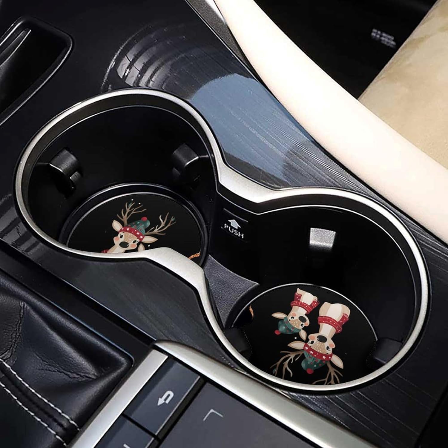 Cute Christmas Reindeers Cute Car Coasters 2.56 Inch Absorbent Cup Holder for Drinks Auto Interior Accessories