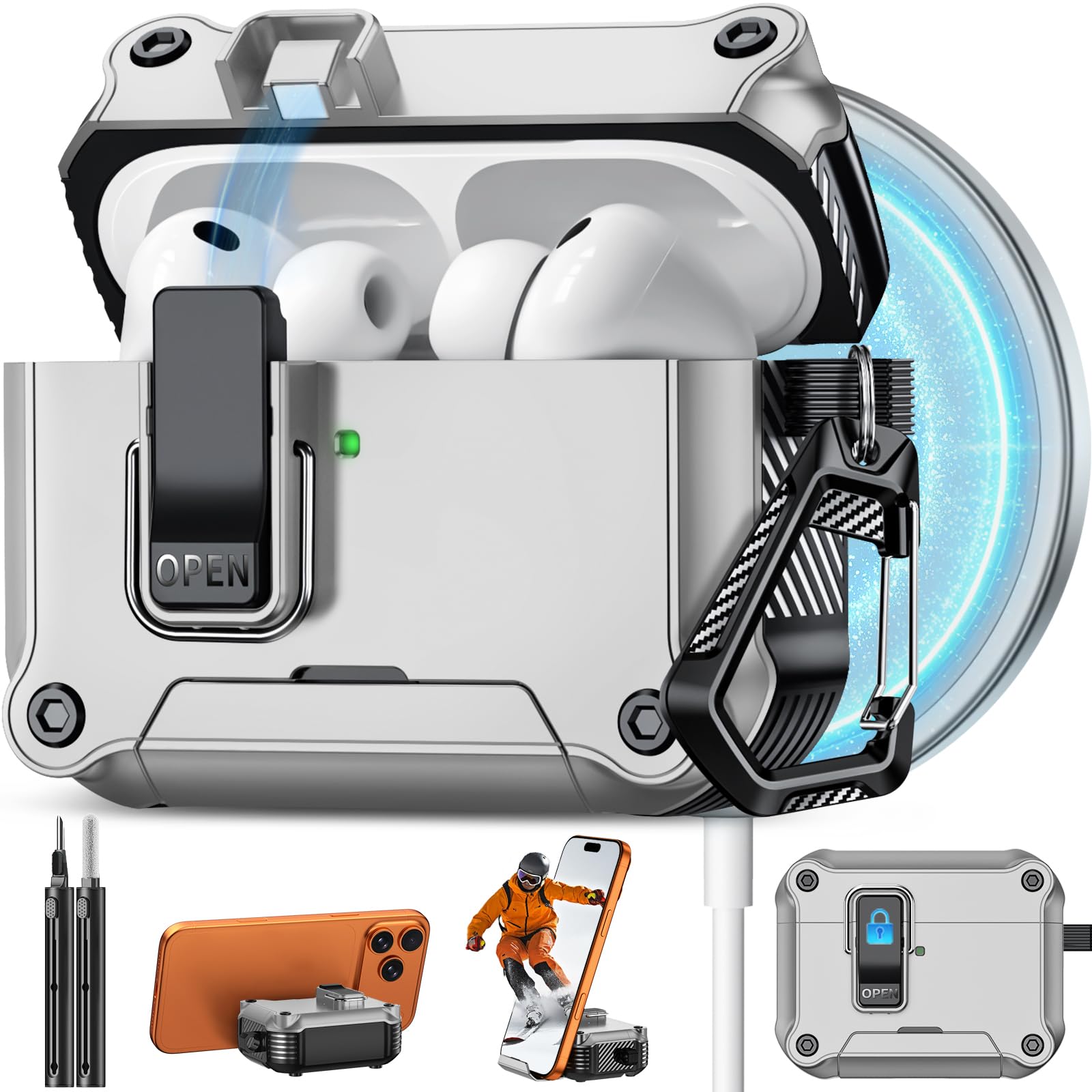 Pohgelan for AirPods Pro 3 Case with Safety Lock-Silver