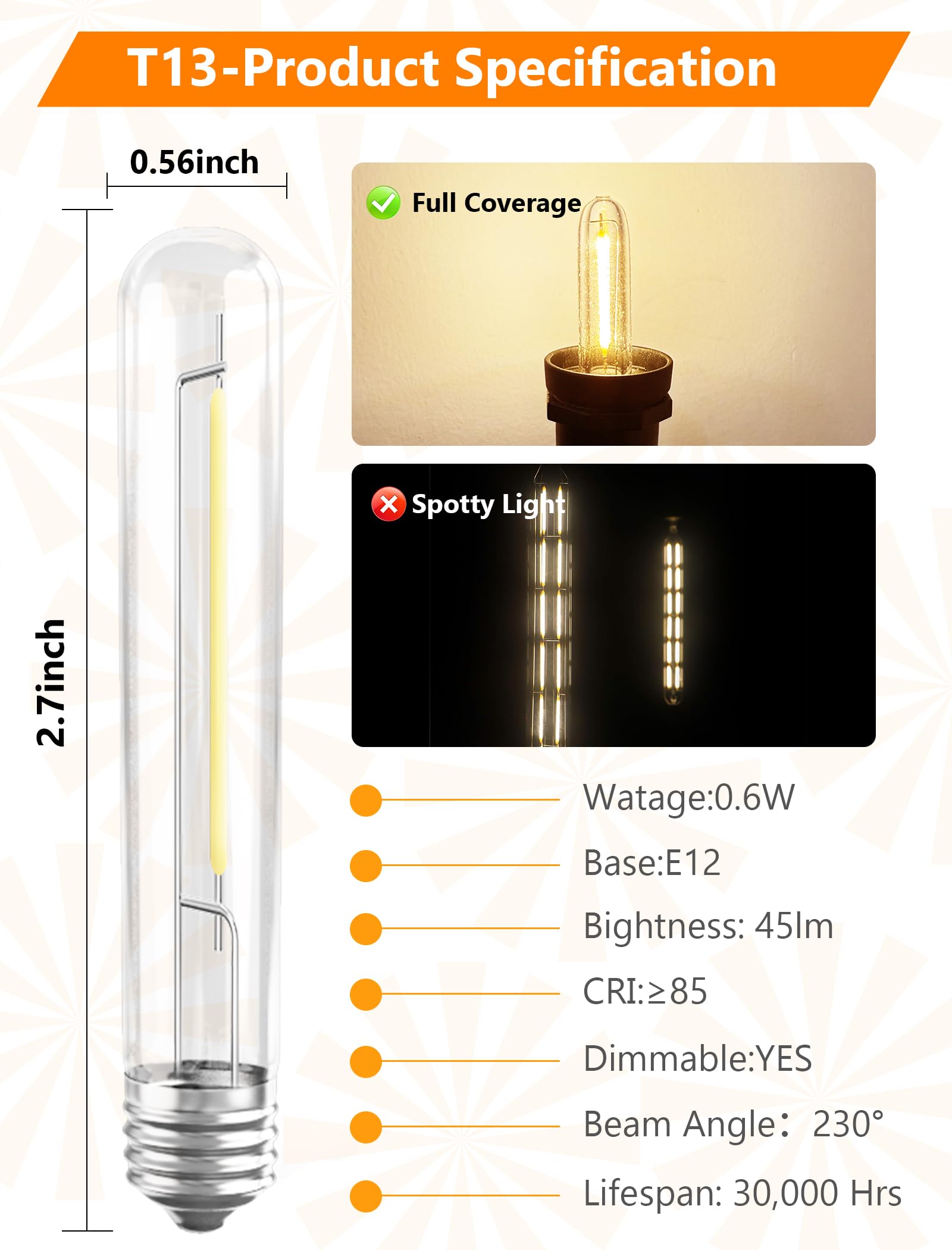 12 Pack LED Replacement Bulbs E12 T13 LED Light Bulbs for Outdoor String Lights Shatterproof Dimmable E12 Candelabra — view 2