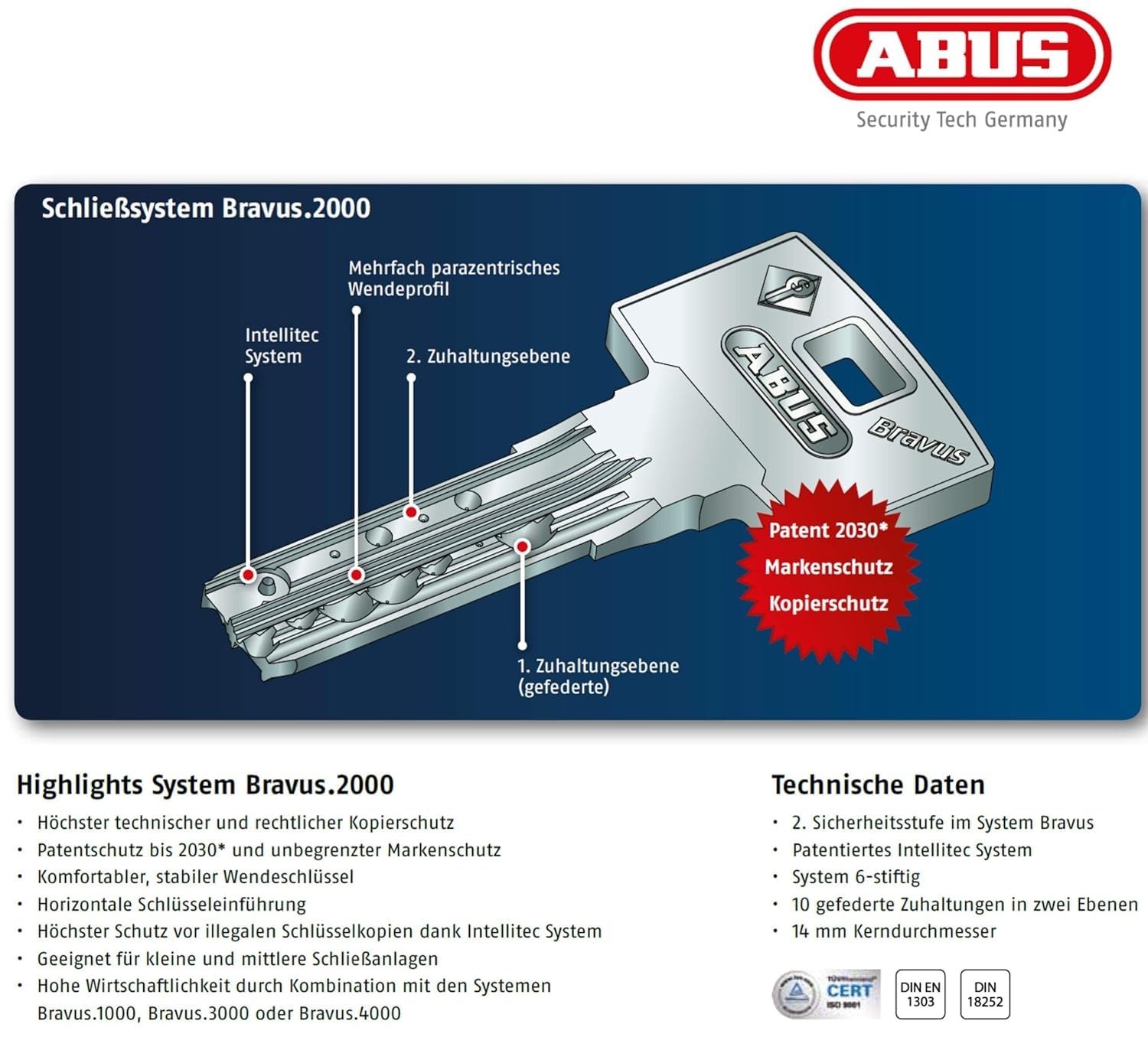ABUS Türzylinder Bravus.2000 - Sicherheitszylinder mit Wendeschlüssel und technischem Kopierschutz plus Sicherungskarte - 5 Schlüssel inklusive - Made in Germany - Doppelzylinder 30/60