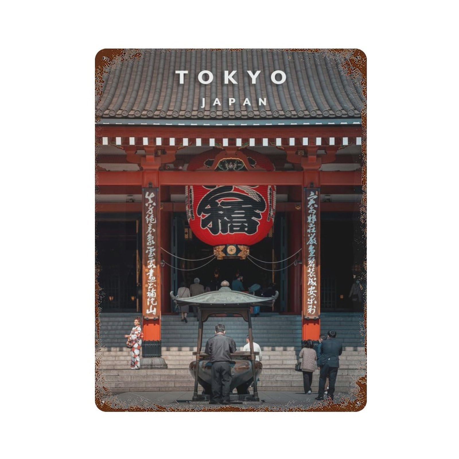 Tokyo Asakusa Pray 15.7"x11.8" Rusty Metal Tin Sign, Farmhouse Wall Decor for Office, Studio And Wall Decor