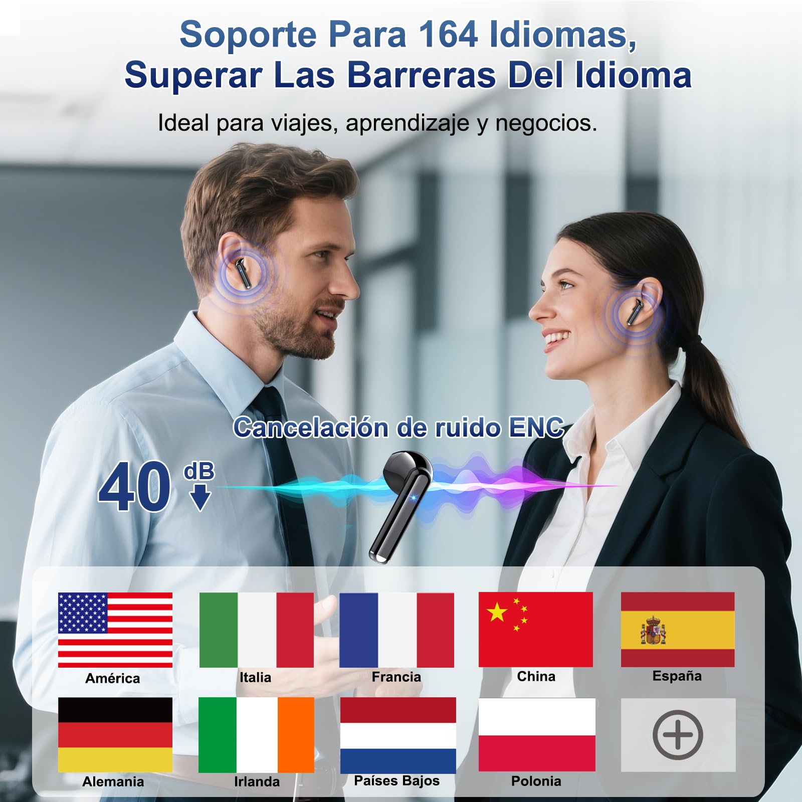 Auriculares Traductores de Idiomas, Cascos Inalambricos Bluetooth 5.4 con 164 Idiomas AI Traductor en Tiempo Real, 7 Modos de Traducción Auriculares con Cancelación de Ruido ENC con Negocios/Reunirse