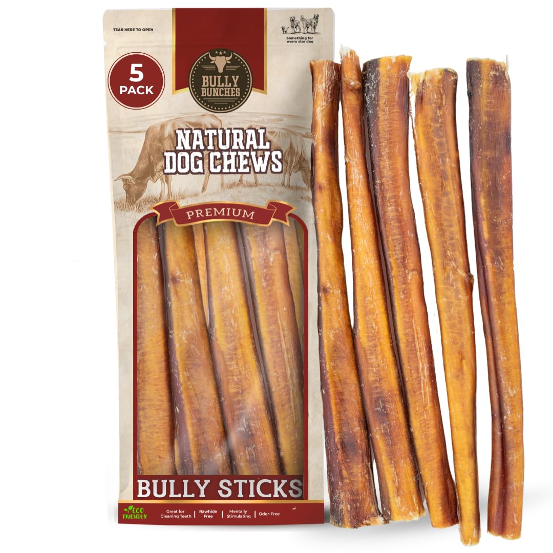 Bully Bunches Premium 12 Inch Jumbo Odor-Free Bully Sticks for Medium & Large Dogs - Consistently Sized, Long Lasting Chews for Oral Care - Natural &