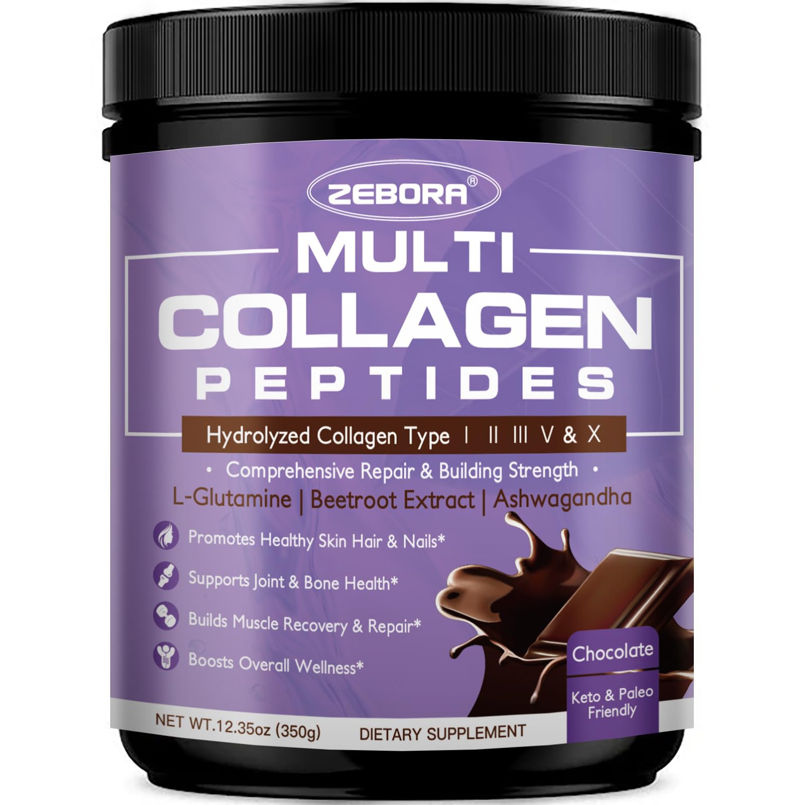 ZEBORA Chocolate Multi Collagen Peptides Powder for Women, 35 Servings 12.35 Ounce (Pack of 1)