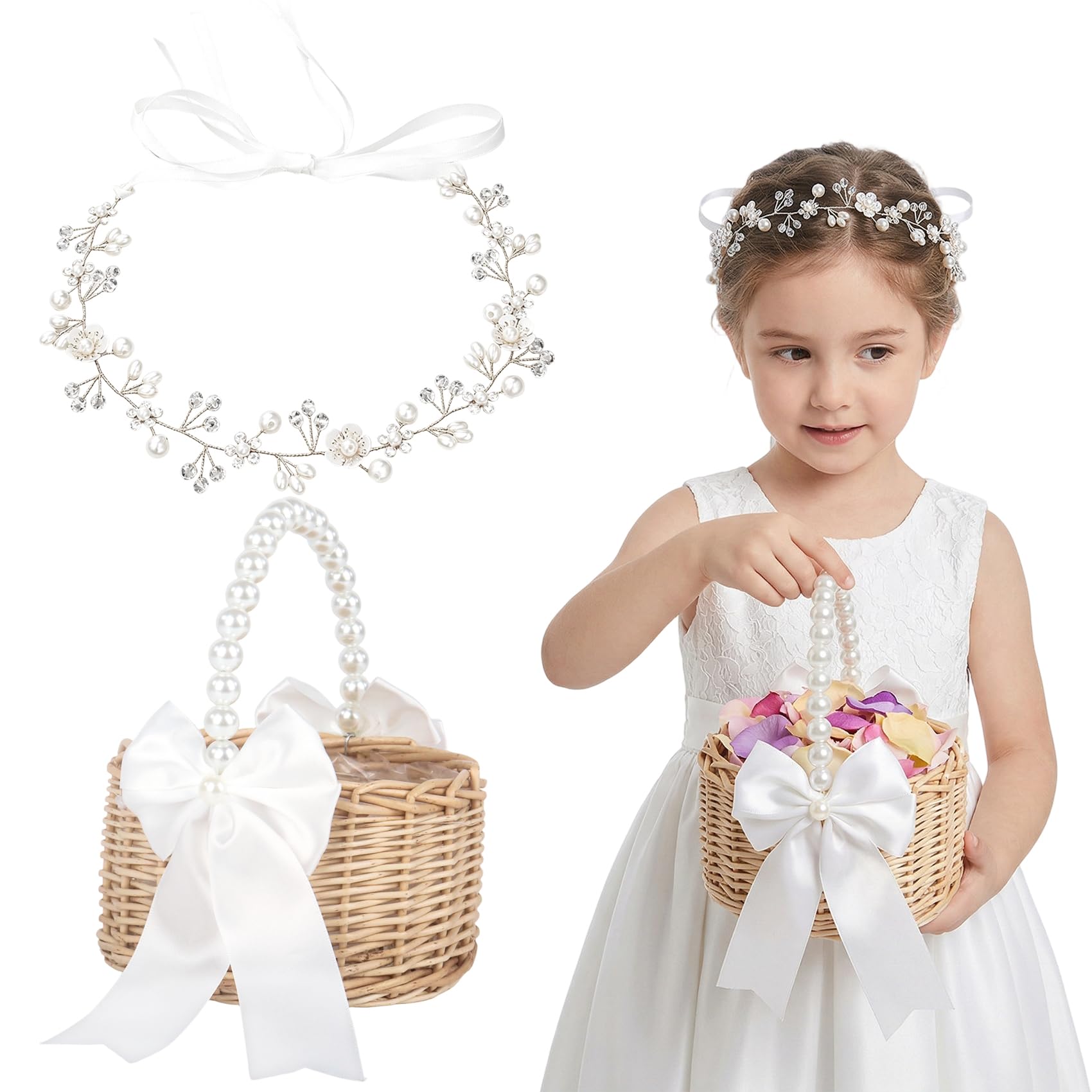 Flower Girl Basket with Flower Girl Hair Accessory, Wicker Wedding Basket with Pearl Handle and Satin Bow