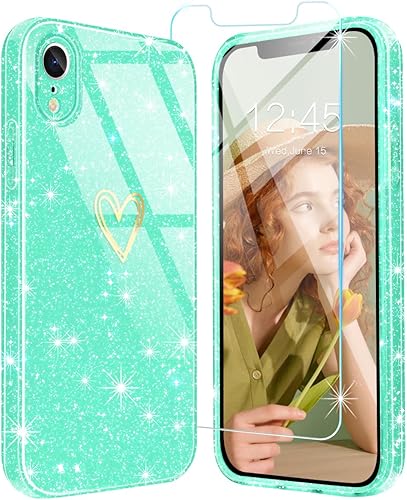 Funda para iPhone XR, purpurina transparente con 1 protector de pantalla de vidrio templado Funda protectora de silicona suave a prueba de golpes