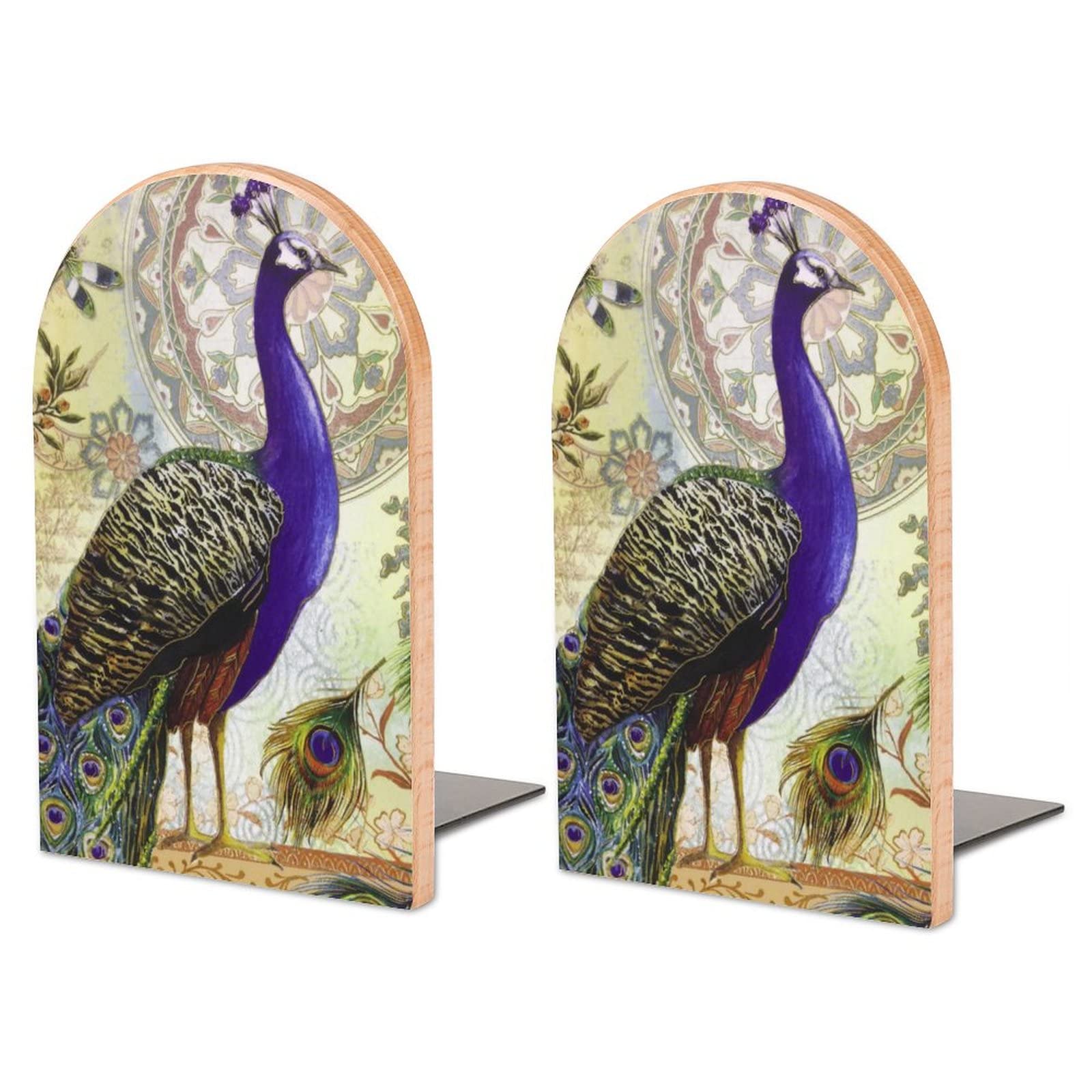 Ethnic Colorful Peacock Bookends Heavy Duty Book Stand 1 Pair for Home Office Shelves Decorative
