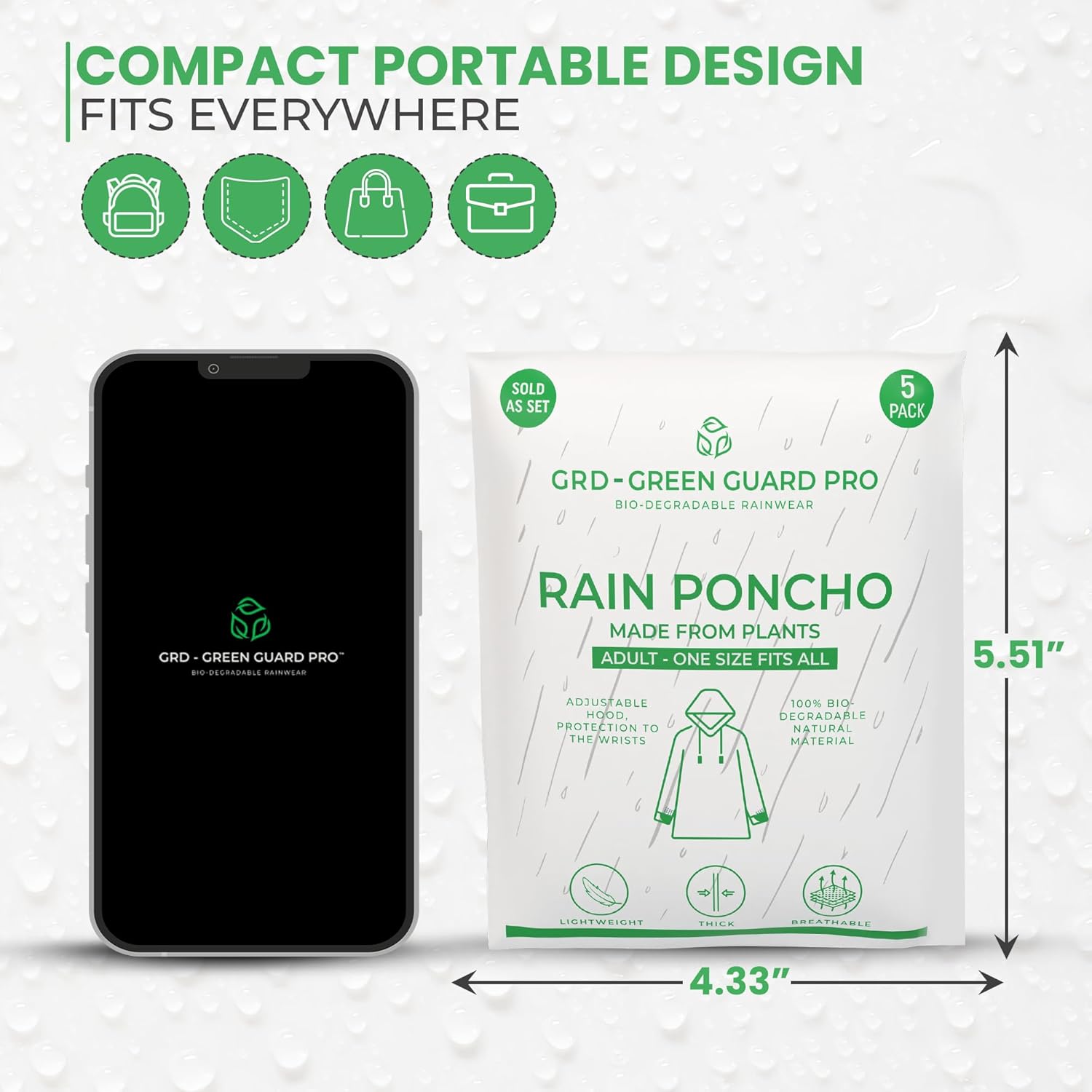 Eco-Friendly Rain Poncho Family Pack - Disposable Waterproof Ponchos with Drawstring Hood & Full Sleeves (Adults, Teens & Kids)