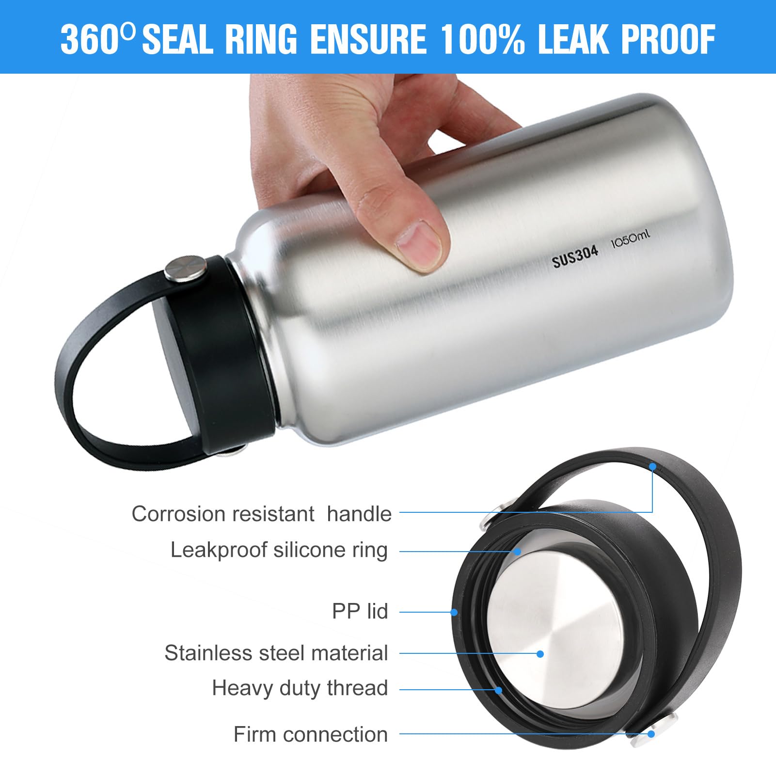 HUIOP 1050 ml Edelstahl-Wasserflasche, auslaufsicher, Sportflasche mit 750 ml Wasserbecher für Outdoor, Camping, Wandern, Sportflasche
