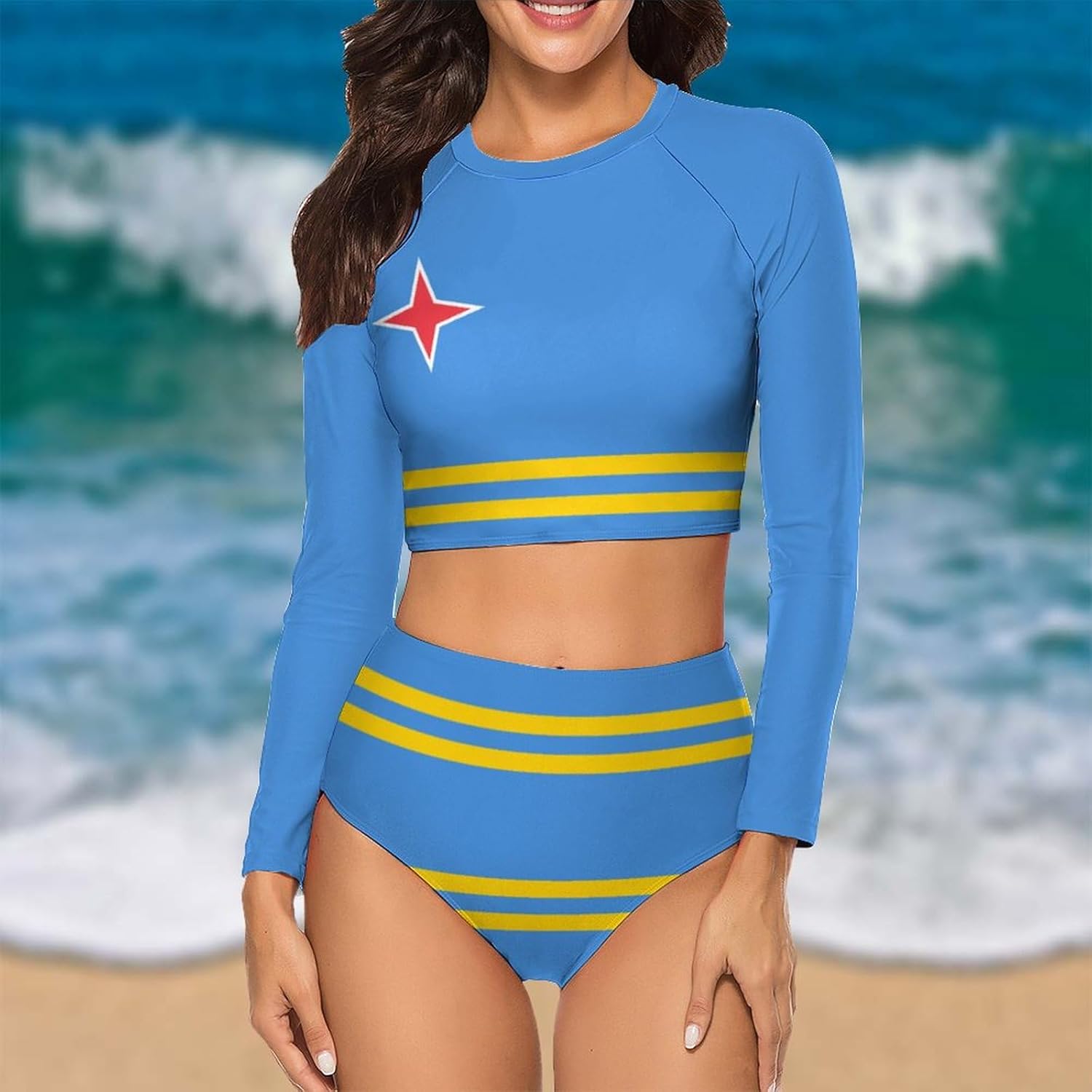 Zakqeik Mexican Flag Women's Long Sleeve 2-Piece Bathing Suit High Cut Bikini Tummy Control Swimsuits