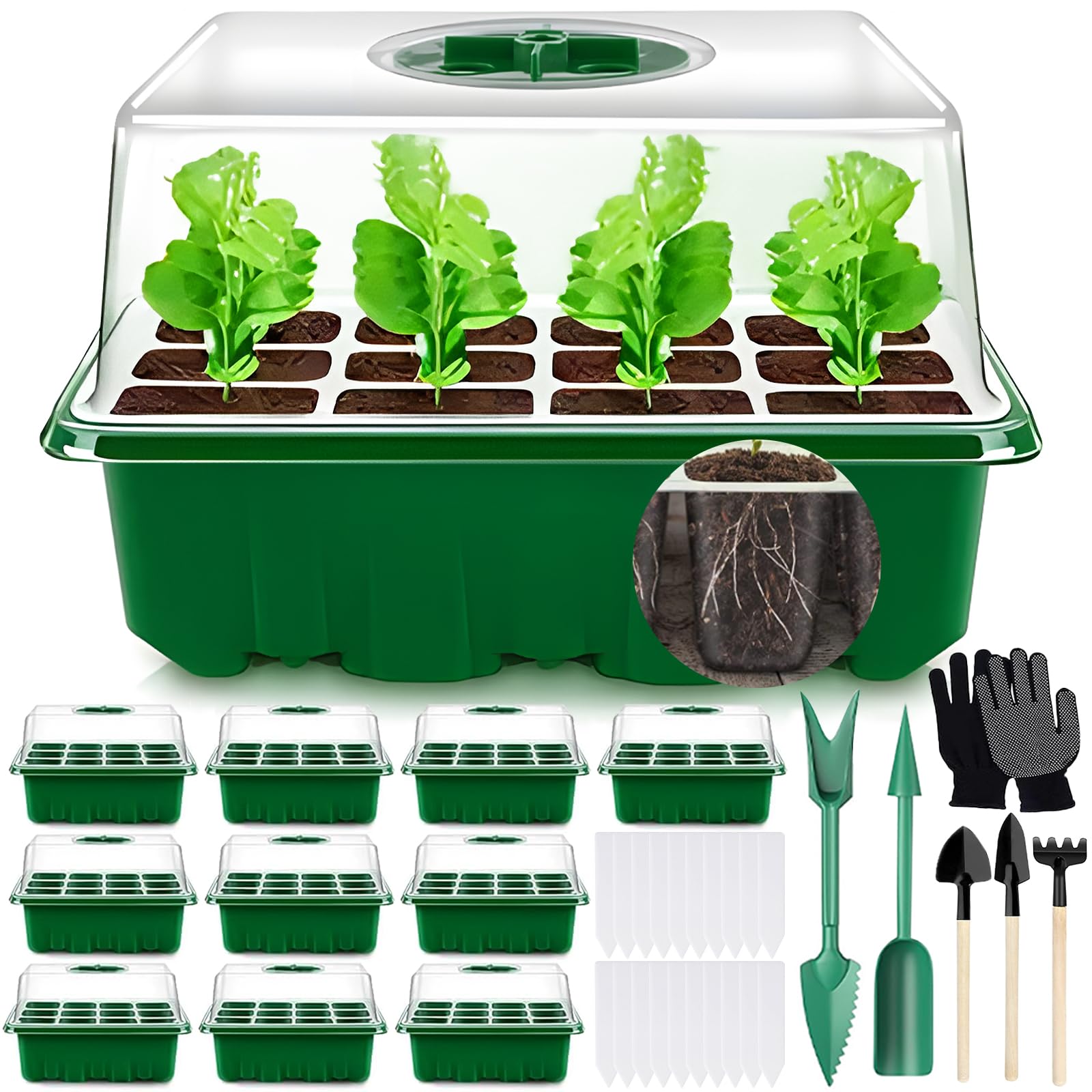 MOYKSRR Mini Serre pour Plantes, 10 Pièces 120 Cellules Intérieure Plateau Semis avec Dôme De Ventilation Et Socle, 20 étiquettes De Plantes, Serre Intérieure Pépinière Boîte Propagateur Jardin
