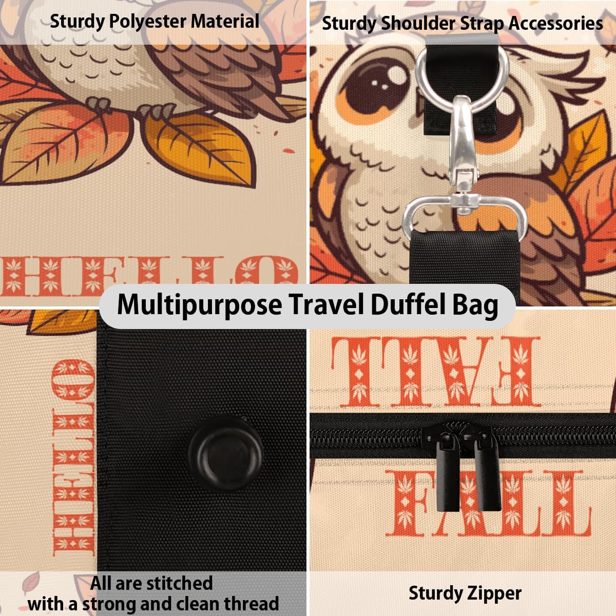 Hello Fall Owls Travel Duffel Bag for Women Men Large Capacity Overnight Weekender Bags for Lightweight Waterproof Sport Gym Bag for Workout Yoga Swim