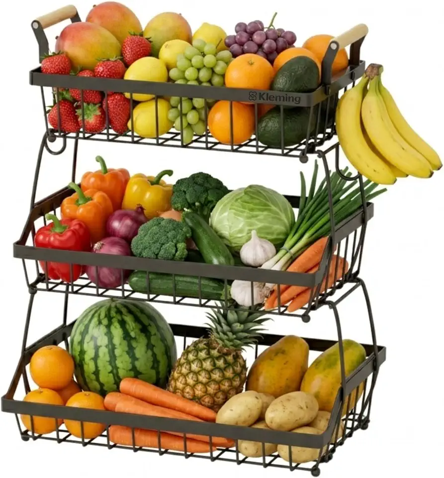 Fruteira Cesto Multiuso de Mesa 3 Andares Kleming, Cesta Organizadora de Frutas Decorativa para Cozinha, Sala, Banheiro, Mesa Posta, Fruteira de Mesa Organizador De Frutas com alça.