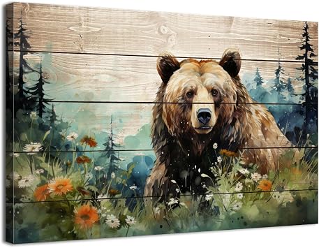 Watercolor Bear Wall Art Rustic Forest Wildlife Wall Decor Bathroom Mountain Animals Picture for Bedroom Woodland Nursery Artwork Canvas Prints Poster Abstract Cabin Painting Home Decoration 12x16"