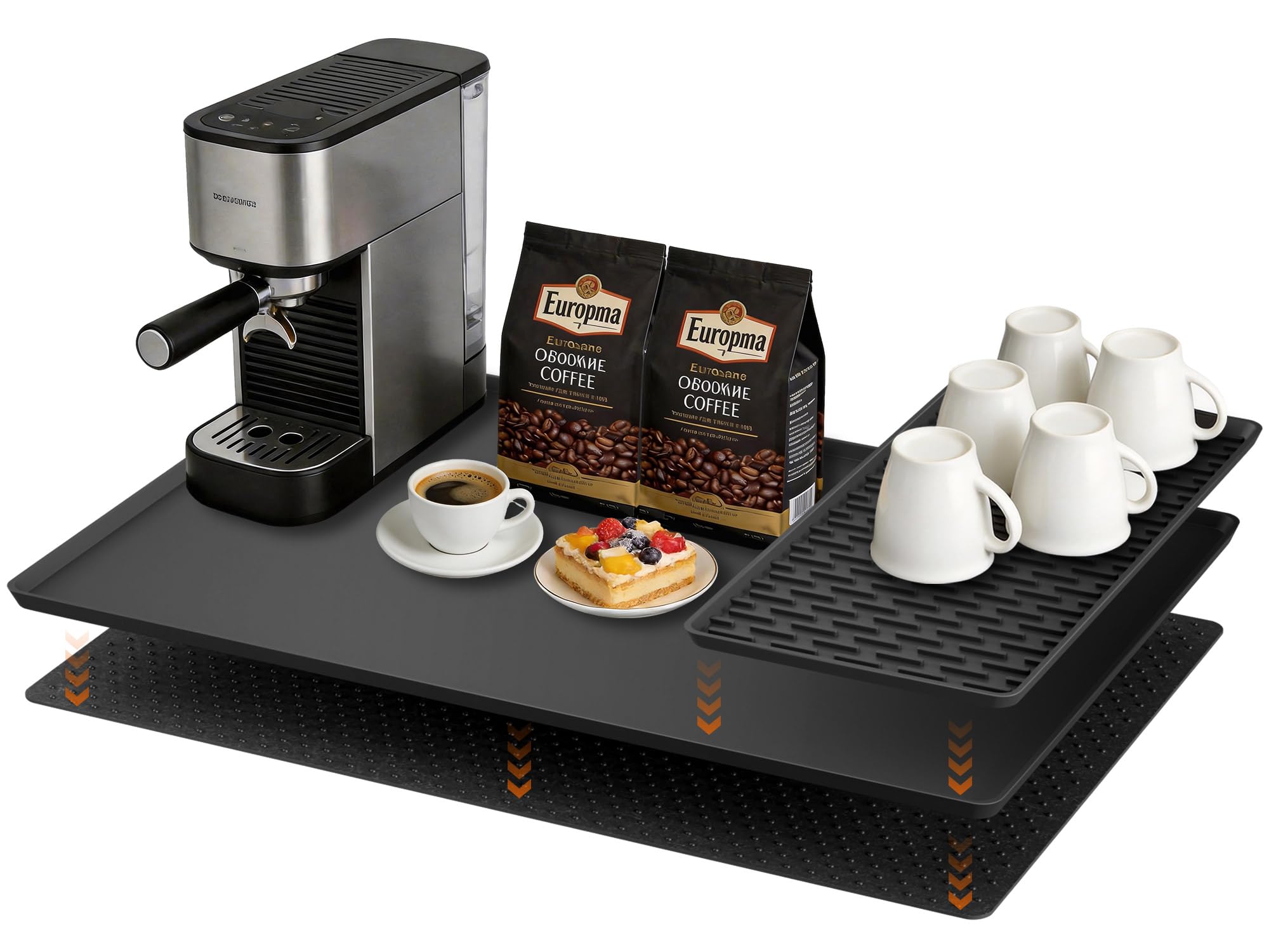 3-IN-1 Kaffeemaschine Unterlage 60x40cm Silikonmatte mit Filz Gleitmatte & Abtropfmatte Untersetzer, Rutschfest Hitzebeständig Dämpfend Unterlage für De'Longhi Philips Ninja Kaffeevollautomat Airfryer