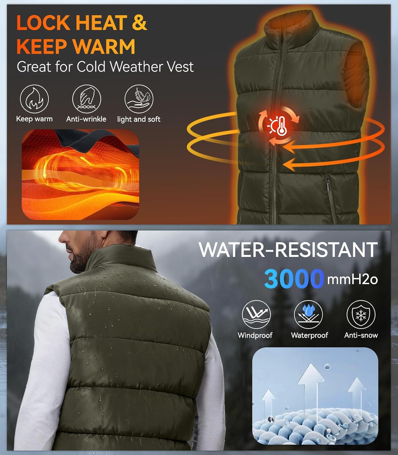 WHN Men's Puffer Vest Outerwear Winter Zipper Quilted Puffy Sleeveless Jacket Outdoor Size M to XXL - Image 3