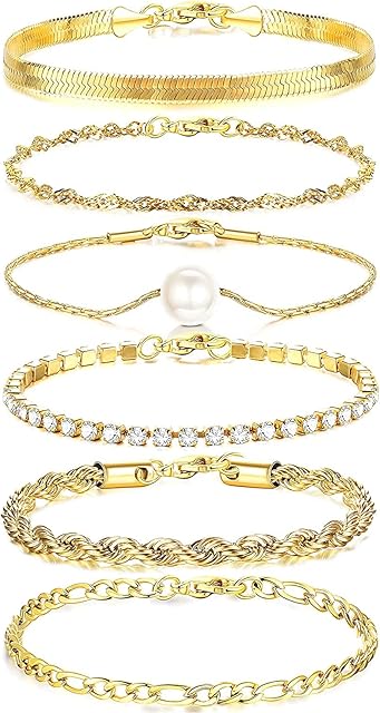 MILACOLATO 6Pcs Chain Bracelets Set for Women Adjustable Fashion 18K Gold Plated Dainty Stainless Steel Twist Figaro Herringbone Chain Cubic Zirconia Link Bracelet Jewelry