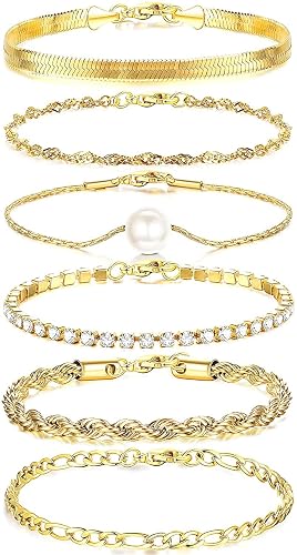 MILACOLATO 6Pcs Bracelets de chaîne Set Pour Femmes Mode Réglable 18K Or Plaqué Délicat Acier Inoxydable Twist Figaro Herringbone Chaîne Cubique Zircone Link Bracelet Bijoux