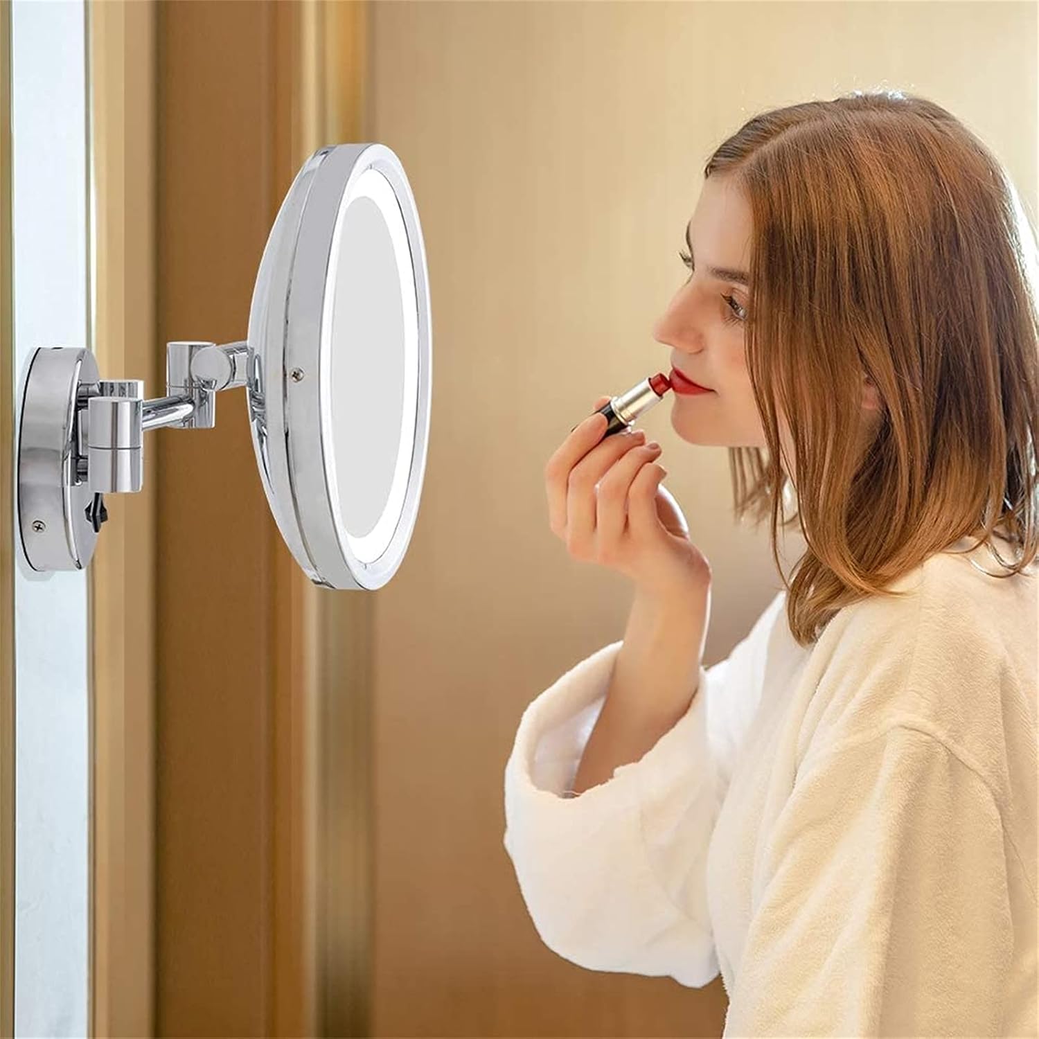 Makeup Mirror with Lights and Magnification, Chrome LED Wall Mounted Bathroom Vanity Mirror, Swivel Extendable Shaving Mirror,Hardwired,5X(Plug in,5X)