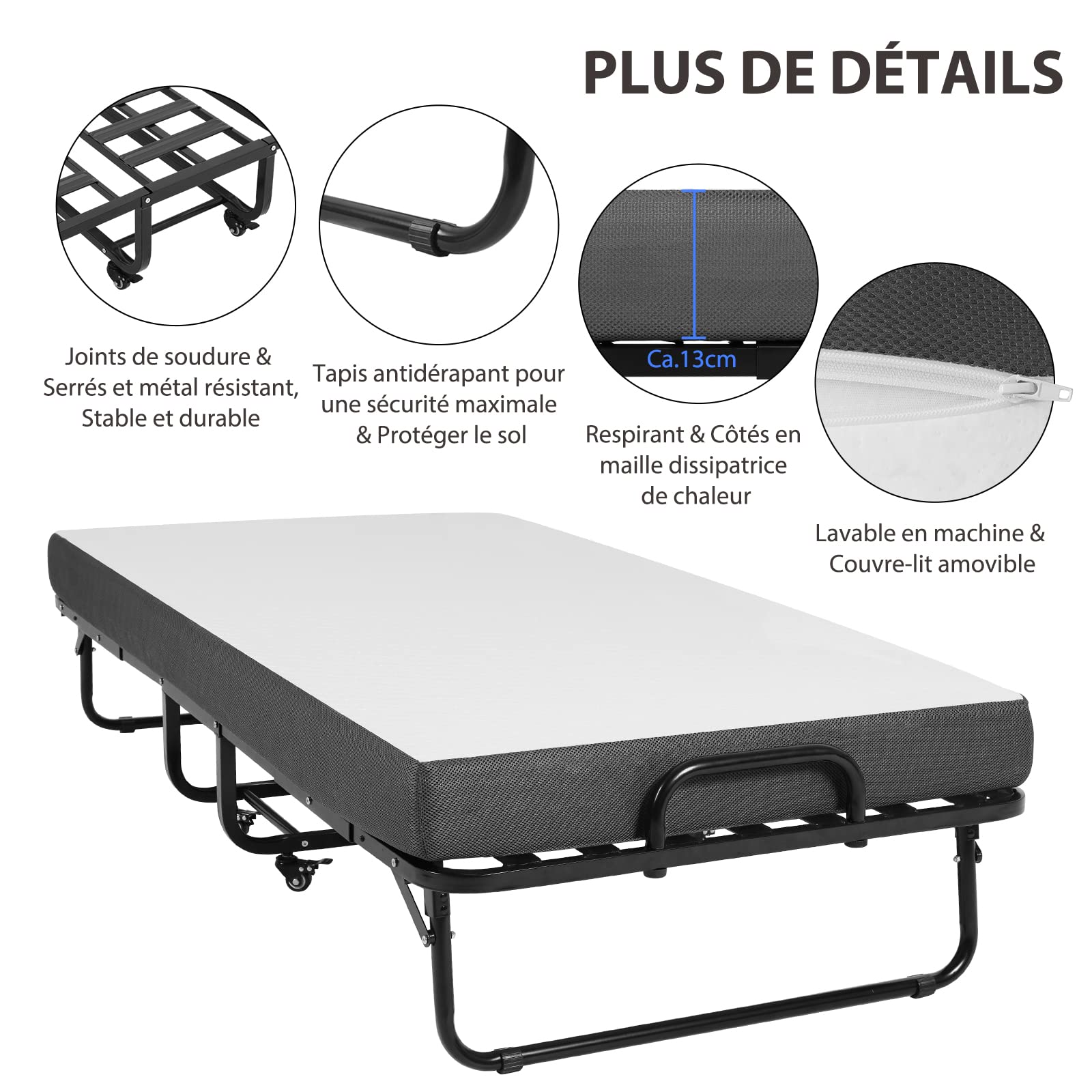 DICTAC Lit Pliant 1 Personne 90x200 avec 13 cm Matelas en Mousse à Mémoire de Forme lit Pliable adulte 90x200 avec Roulettes Métal Lit d'appoint 1 personne 90 x 200,facile à transporter et à assembler