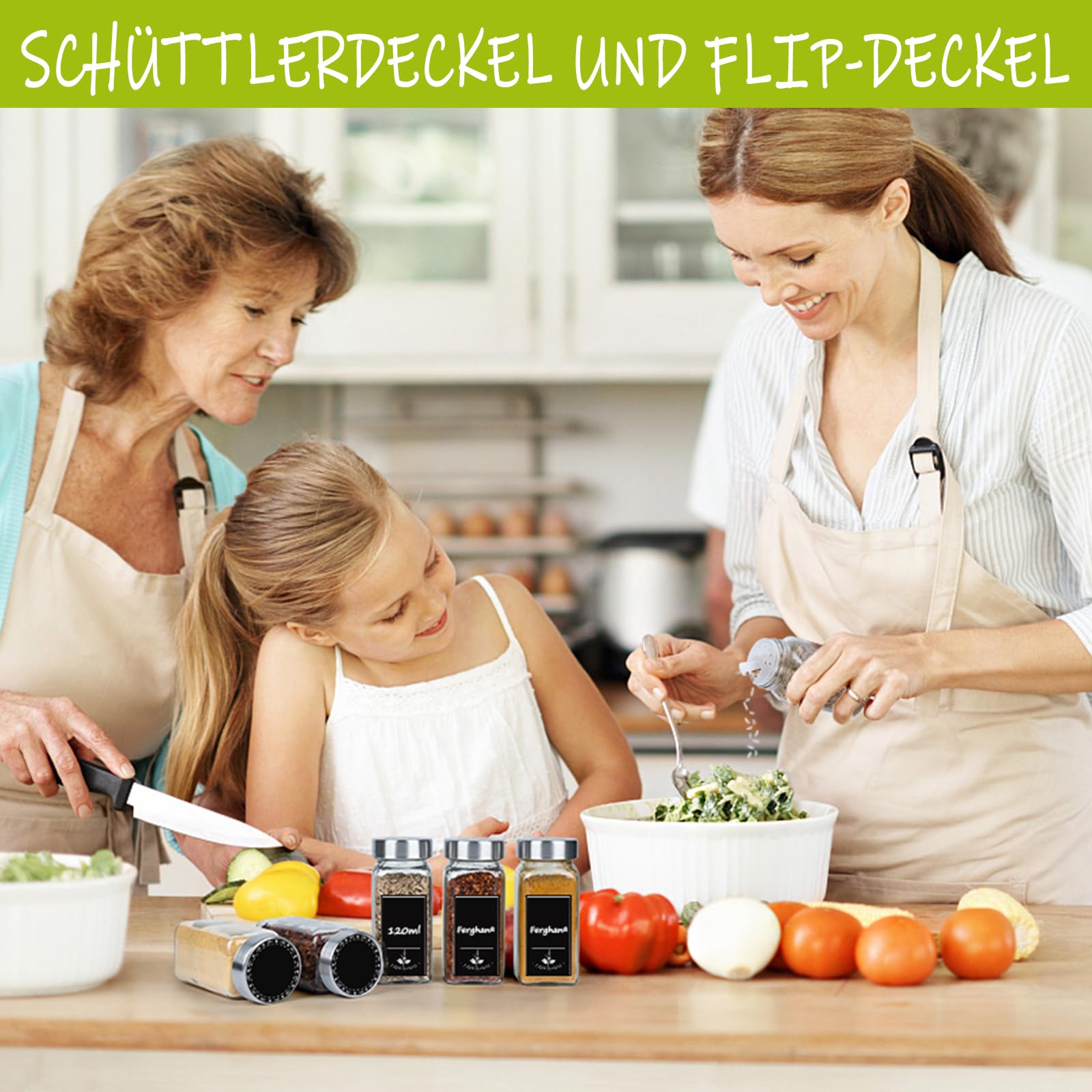 UISEBRT Set di 12 barattoli per spezie, rettangolari, con etichette, per spezie, in vetro, 120 ml, ermetici con inserto per spargimento, imbuto, spazzola per la pulizia, copertura in acciaio inox